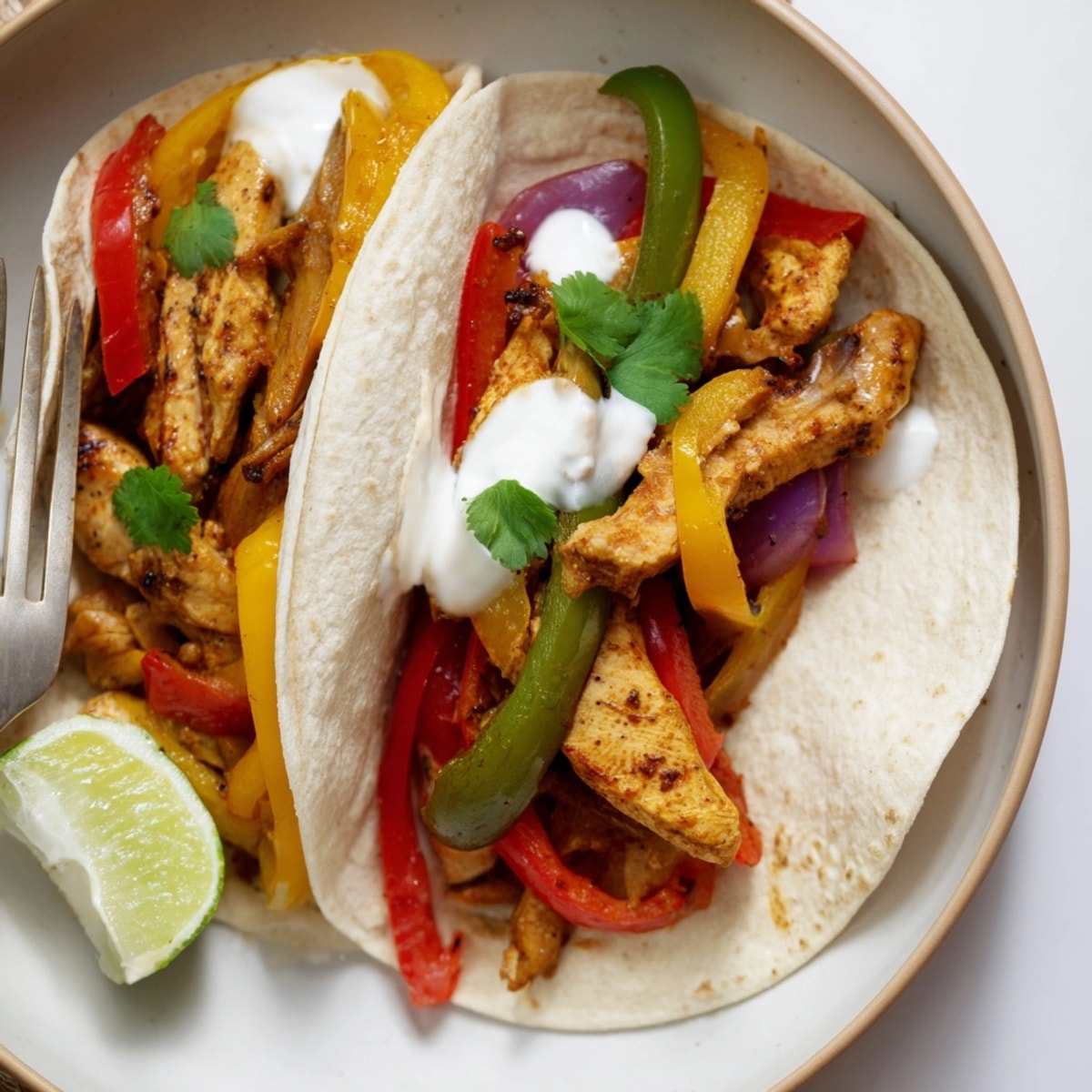 Sizzling Chicken Fajitas with Lime Crema: A Tex-Mex feast of grilled chicken, bell peppers, and onions.