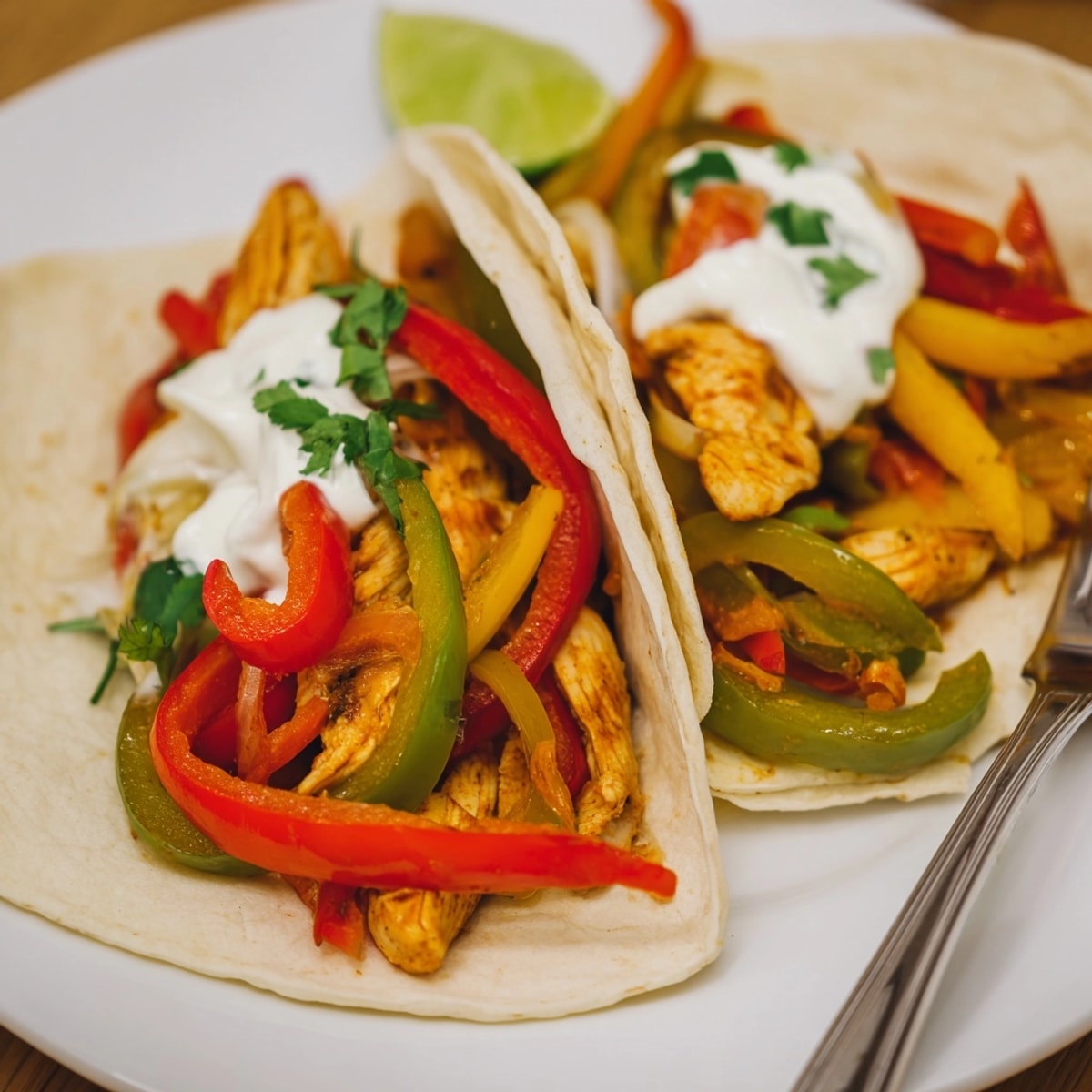 Golden Chicken Fajitas recipe: A vibrant close-up showing juicy chicken, soft tortillas, and creamy lime sauce.
