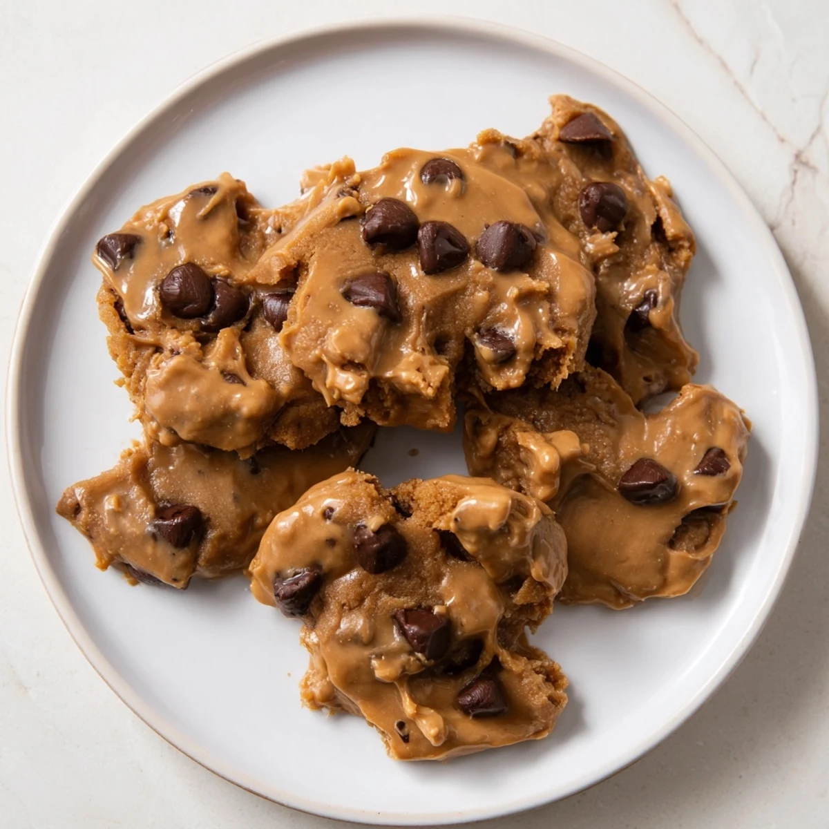 Close-up of a stack of soft peanut butter chocolate chip cookies, with melted chocolate and creamy texture.