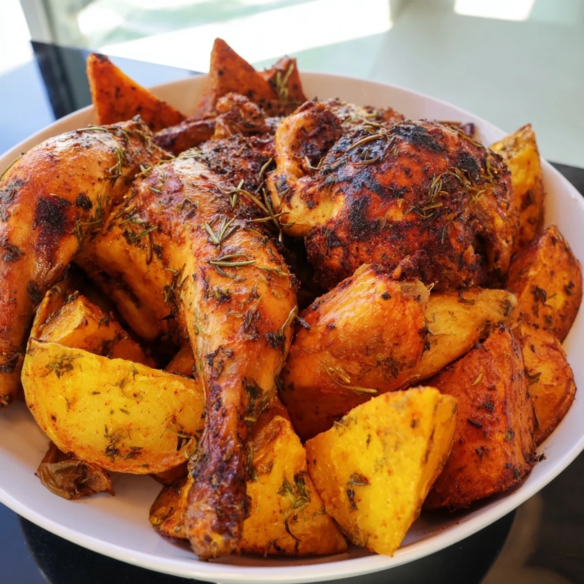Golden brown Roast Chicken with Rosemary and Garlic, ready for carving and enjoying.
