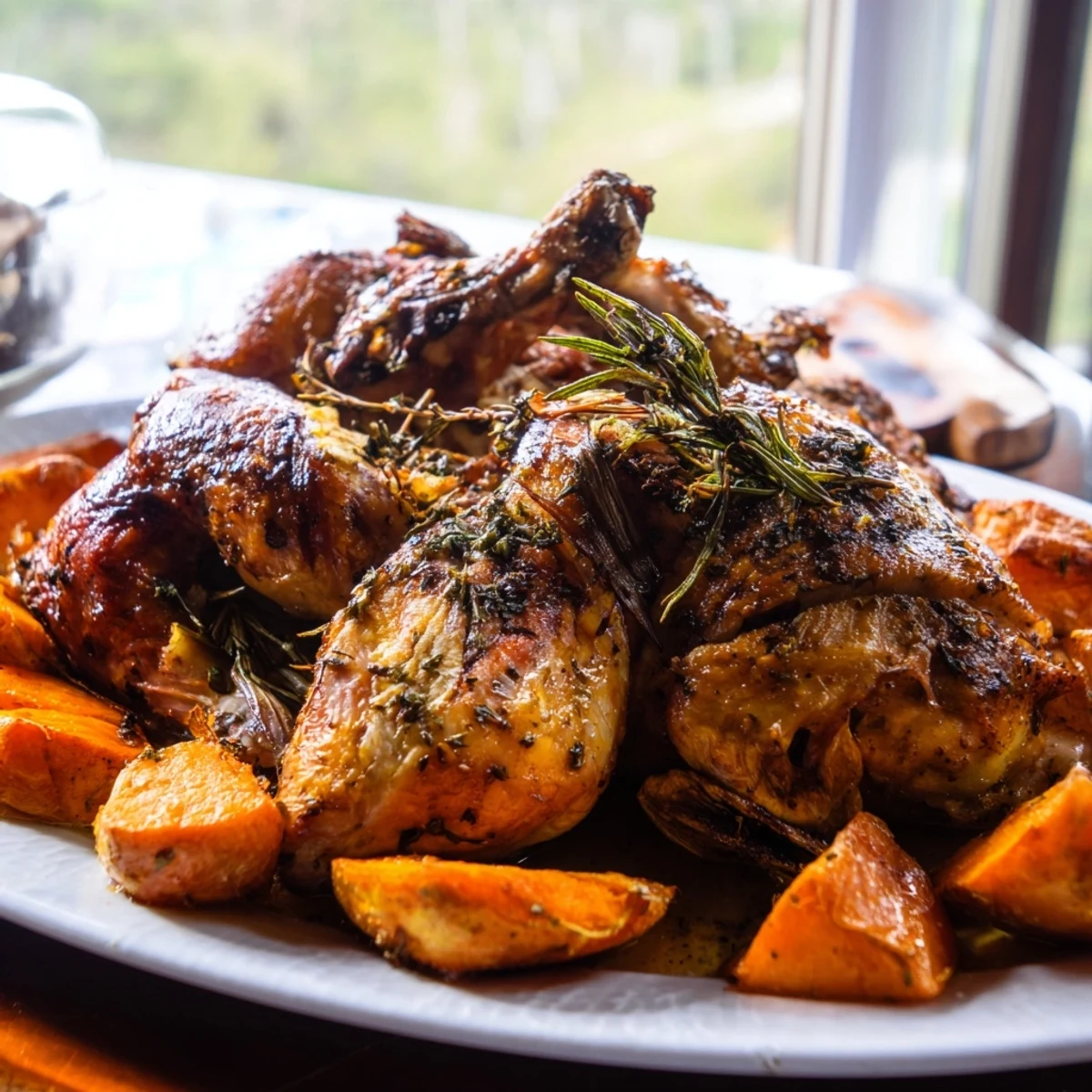 Crispy-skinned Roast Chicken with Rosemary and Garlic resting on a bed of roasted vegetables.