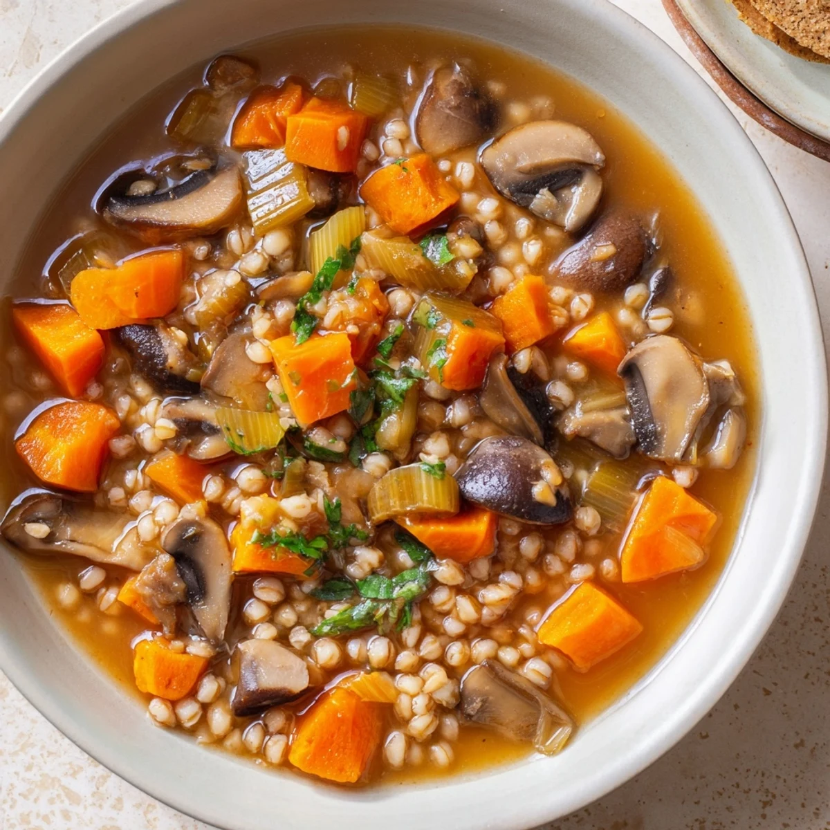 Steaming bowl of Wild Mushroom and Barley Soup, garnished with fresh parsley, ready to eat.