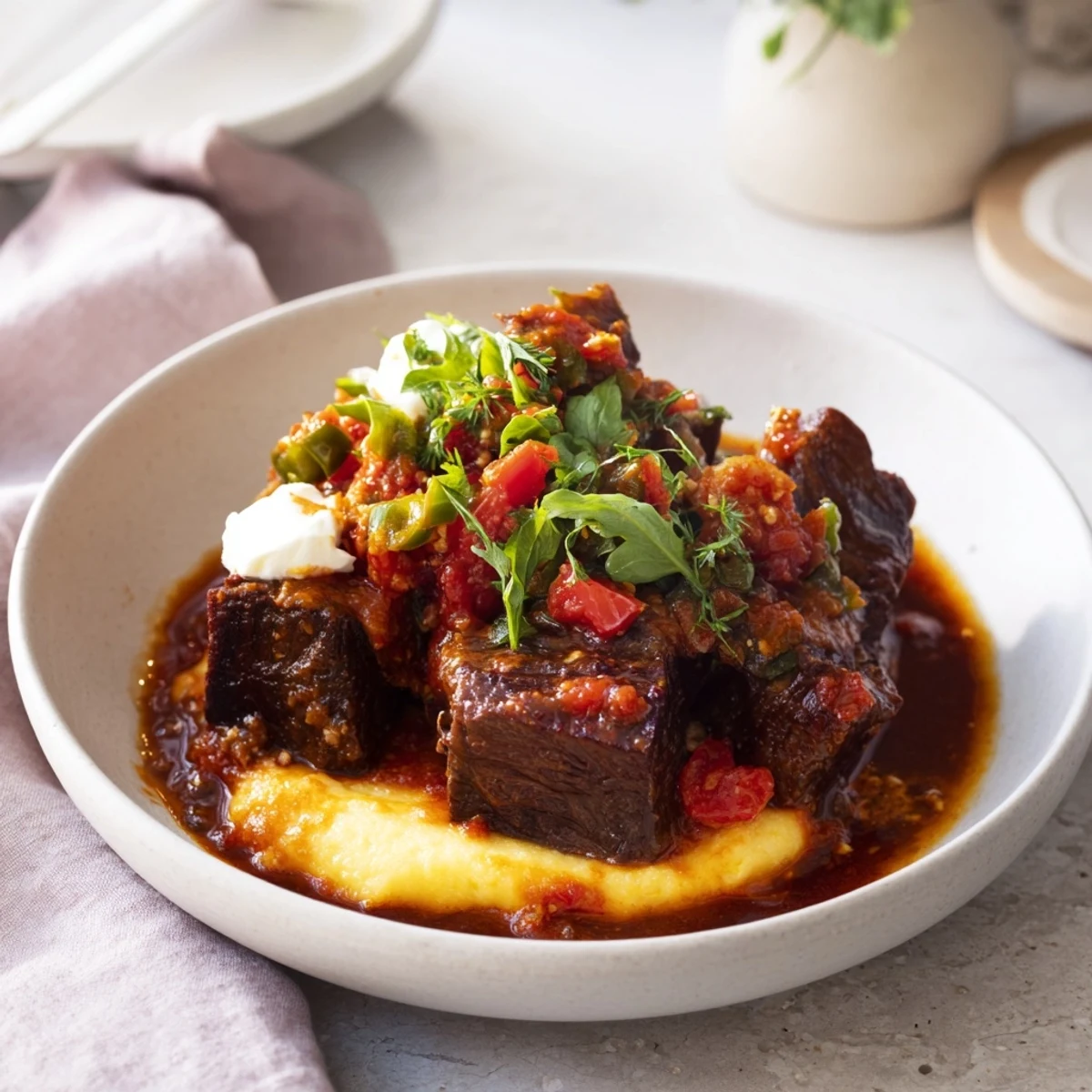 Fork-tender beef cubes in Hungarian Goulash, showcasing the vibrant paprika-infused broth, ready to eat.
