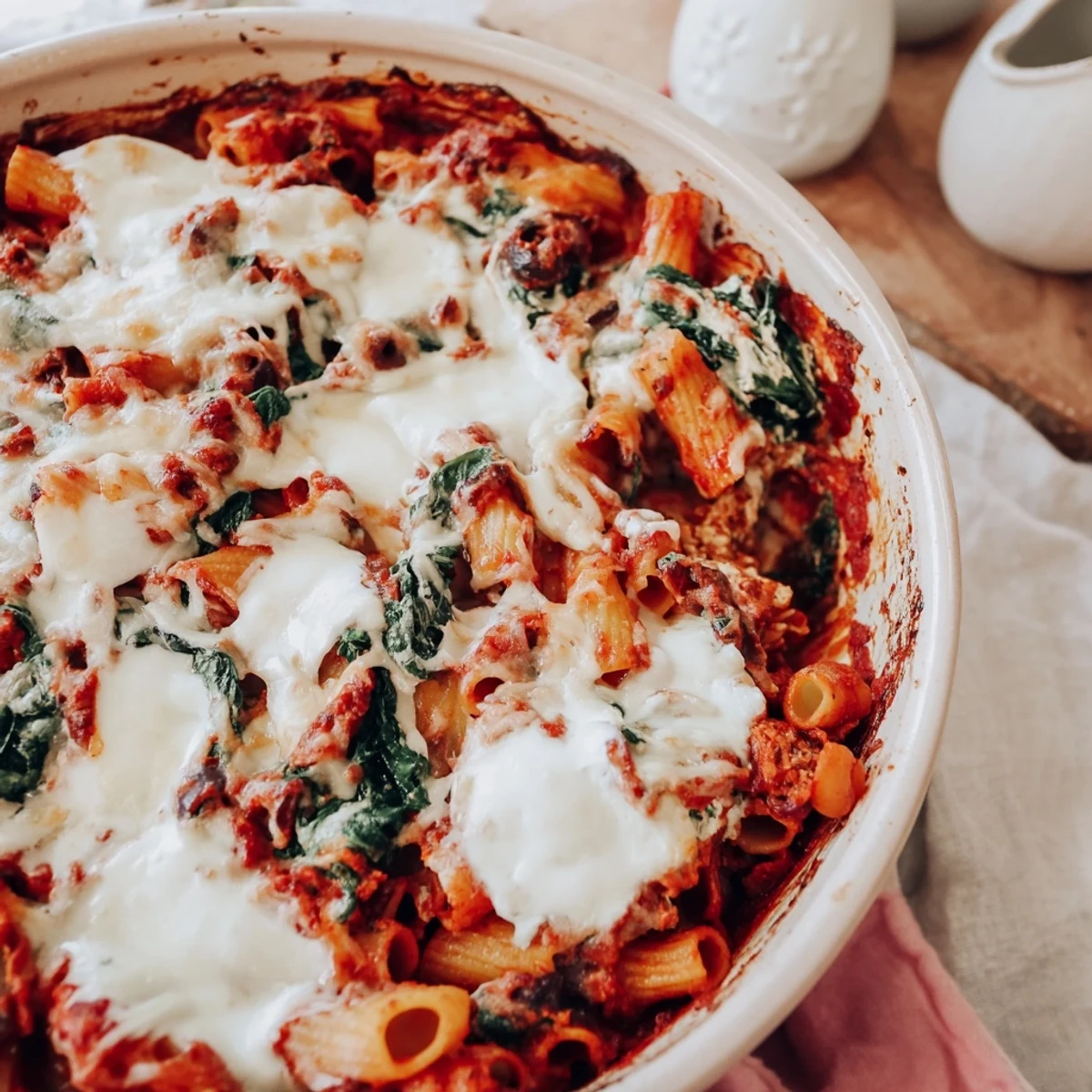 Golden, bubbly Olive-Warm Baked Ziti with oozing cheese, fresh spinach, and tender pasta.
