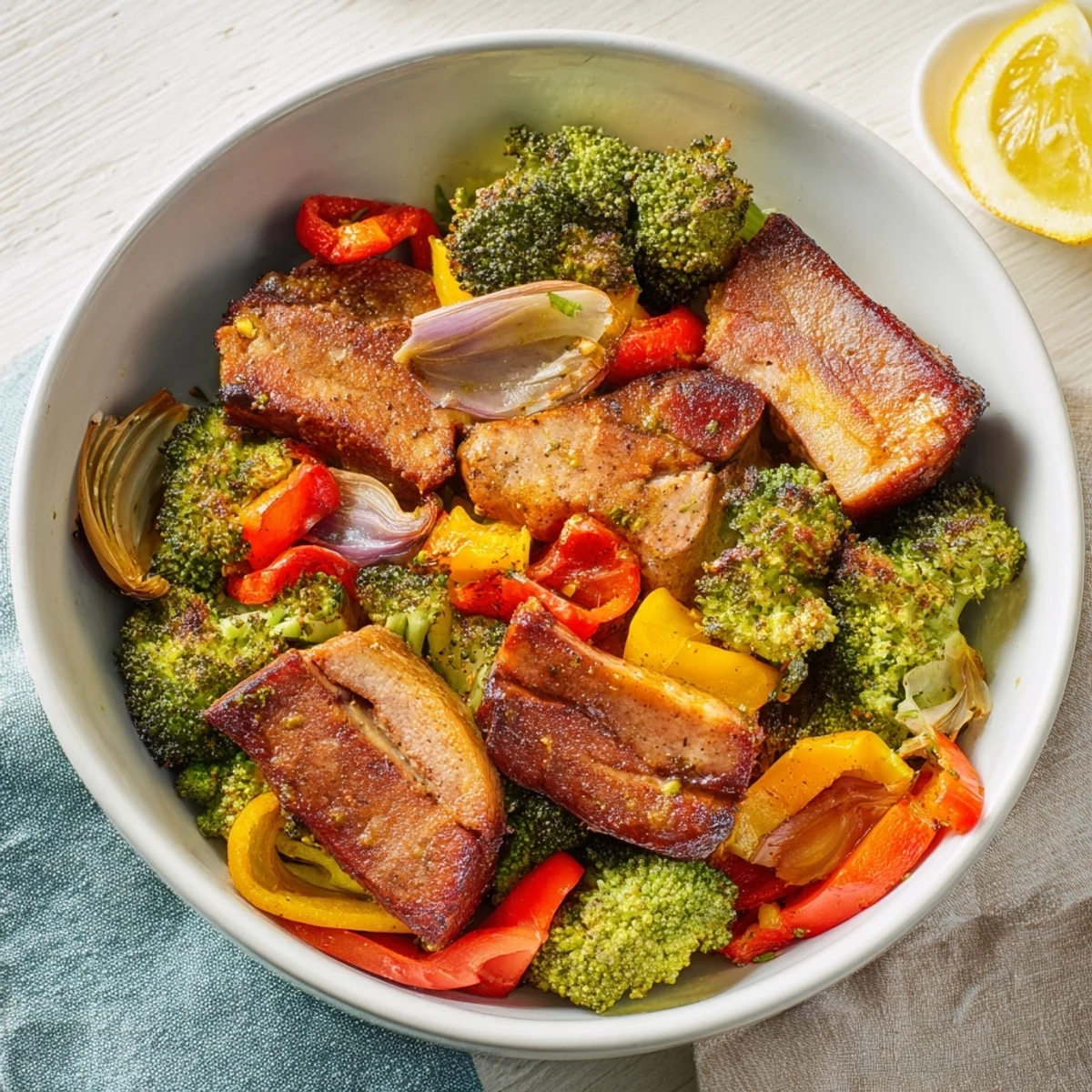 Juicy Italian sausages nestled amongst roasted broccoli and bell peppers on a sheet pan ready to serve.