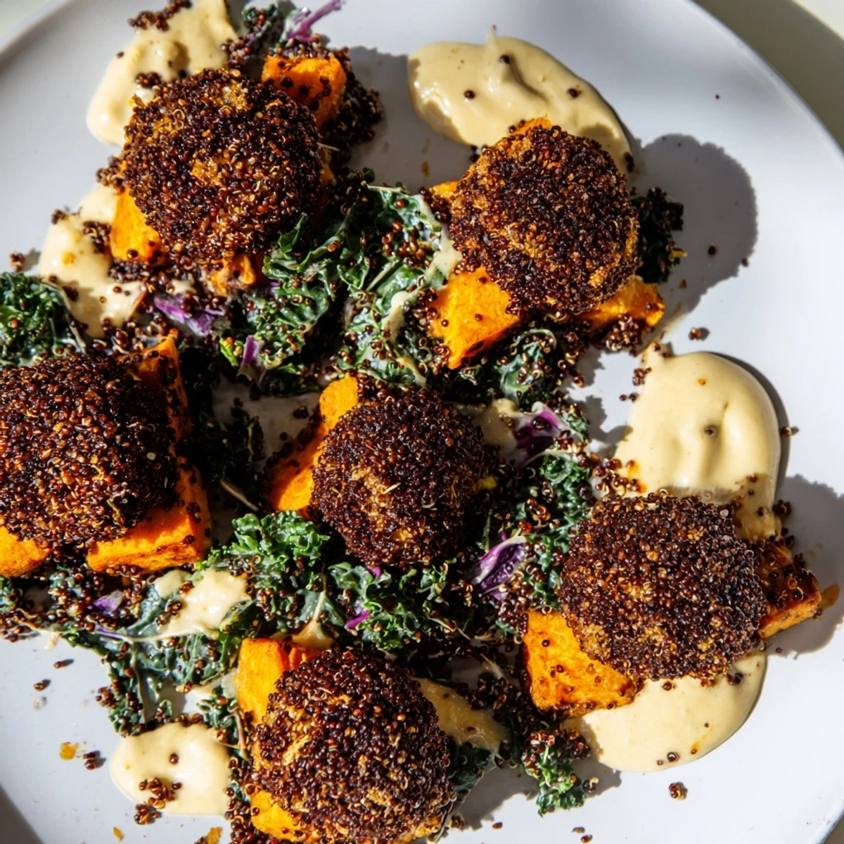 Light Coastal Bowl with fluffy quinoa, golden sweet potatoes, and vibrant kale, drizzled with tahini dressing.