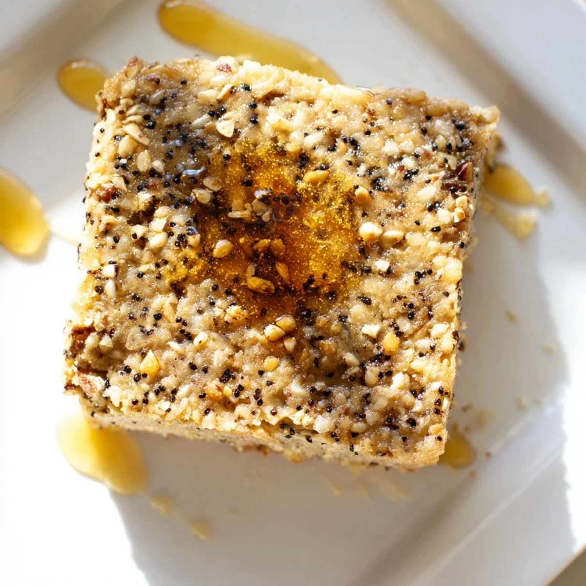Golden, sliced Light Sweet Hazel Treats: Hazelnut and Honey Cake Squares drizzled with glistening honey.