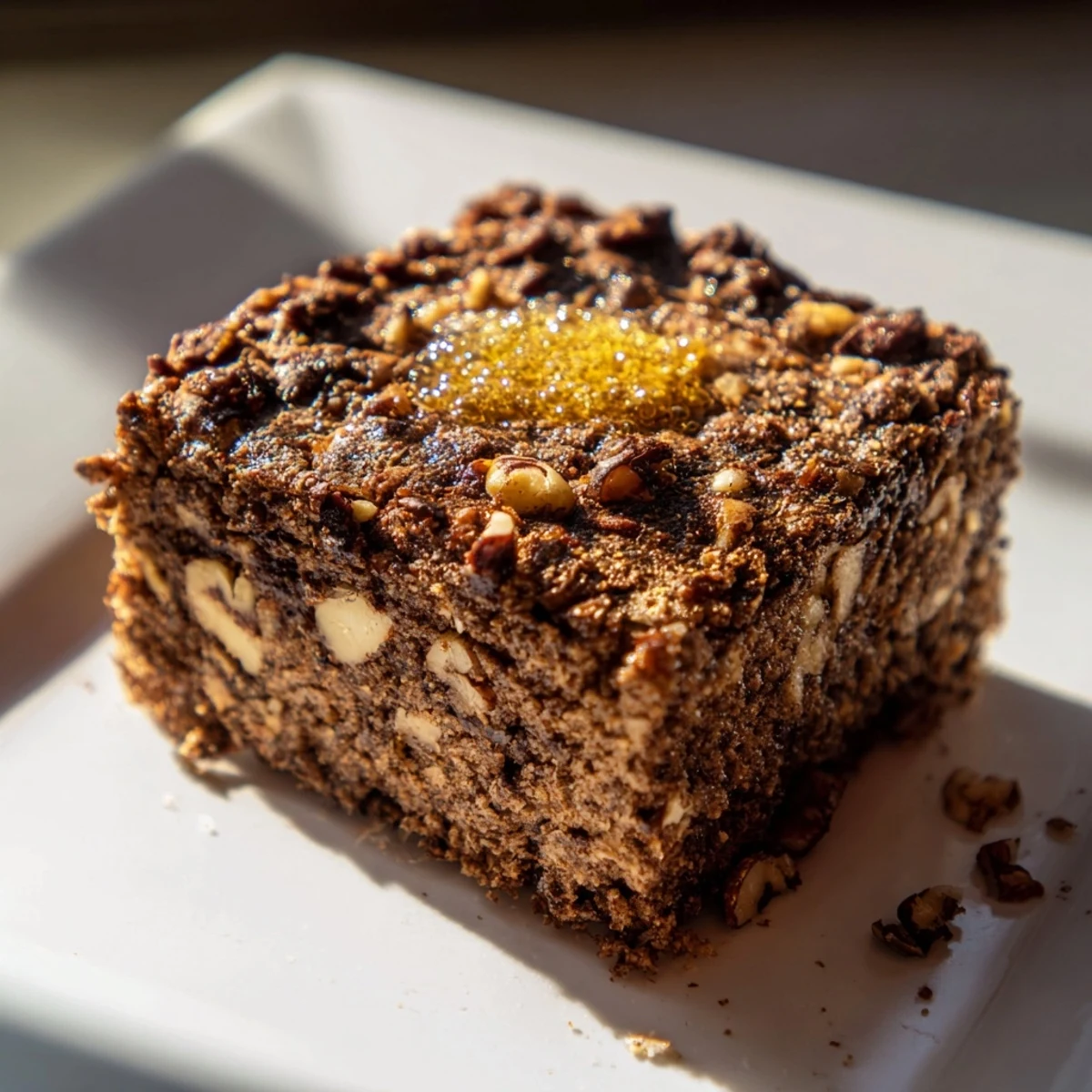 Close-up of baked Light Sweet Hazel Treats: Hazelnut and Honey Cake Squares, warm and dusted with nuts.