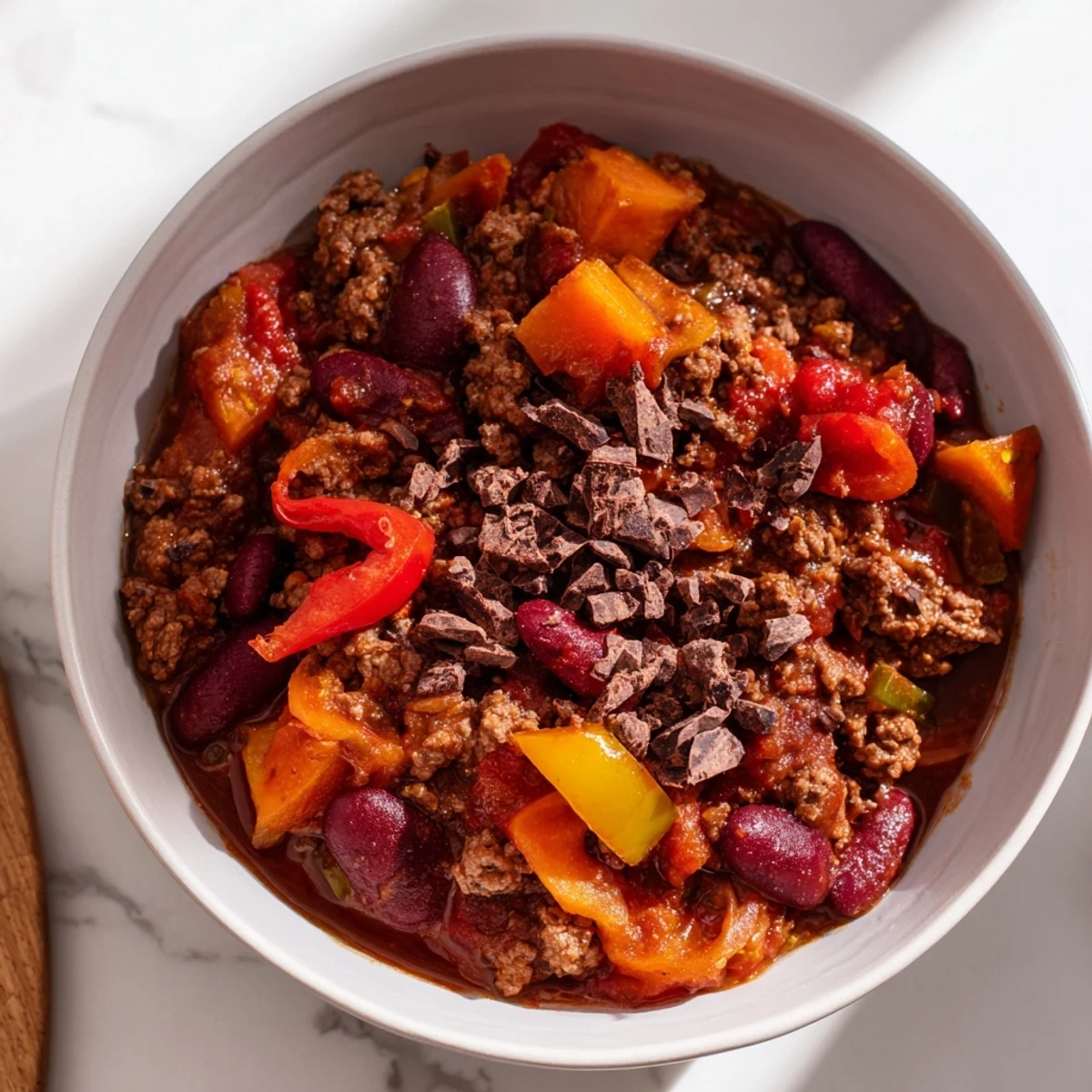 Steaming One-Pot Cozy Chocolate Chili, rich with ground beef, beans, and the unique cocoa nibs flavor, looks delicious.