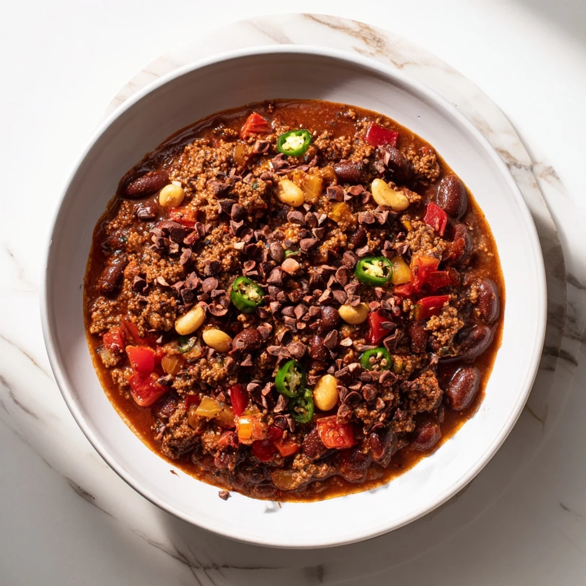 Savory One-Pot Cozy Chocolate Chili simmering in a pot, promising a comforting and flavorful dinner experience.