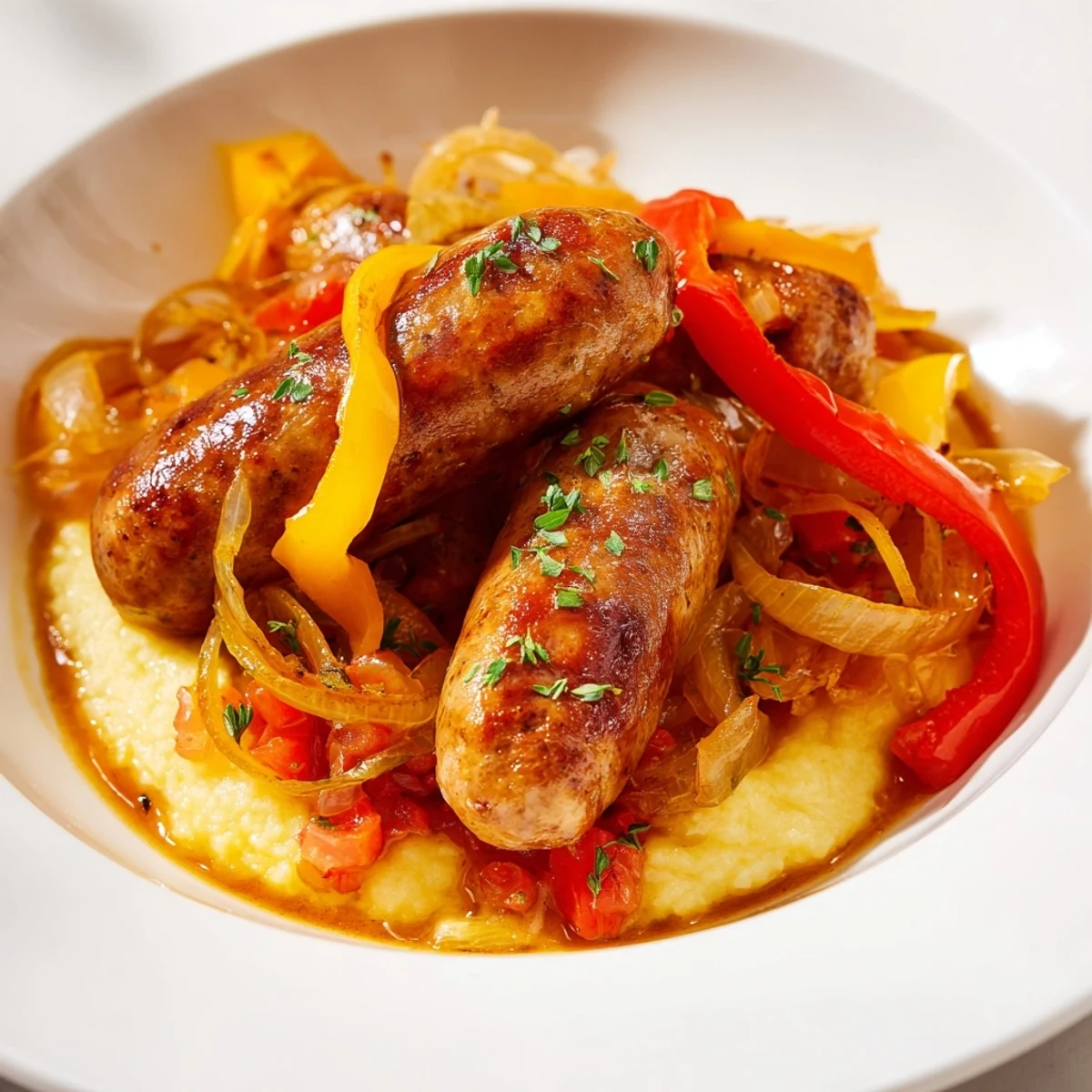 Herb-Cozy Skillet Sausage and Peppers with Creamy Polenta, a hearty meal with cooked sausage and vibrant peppers.