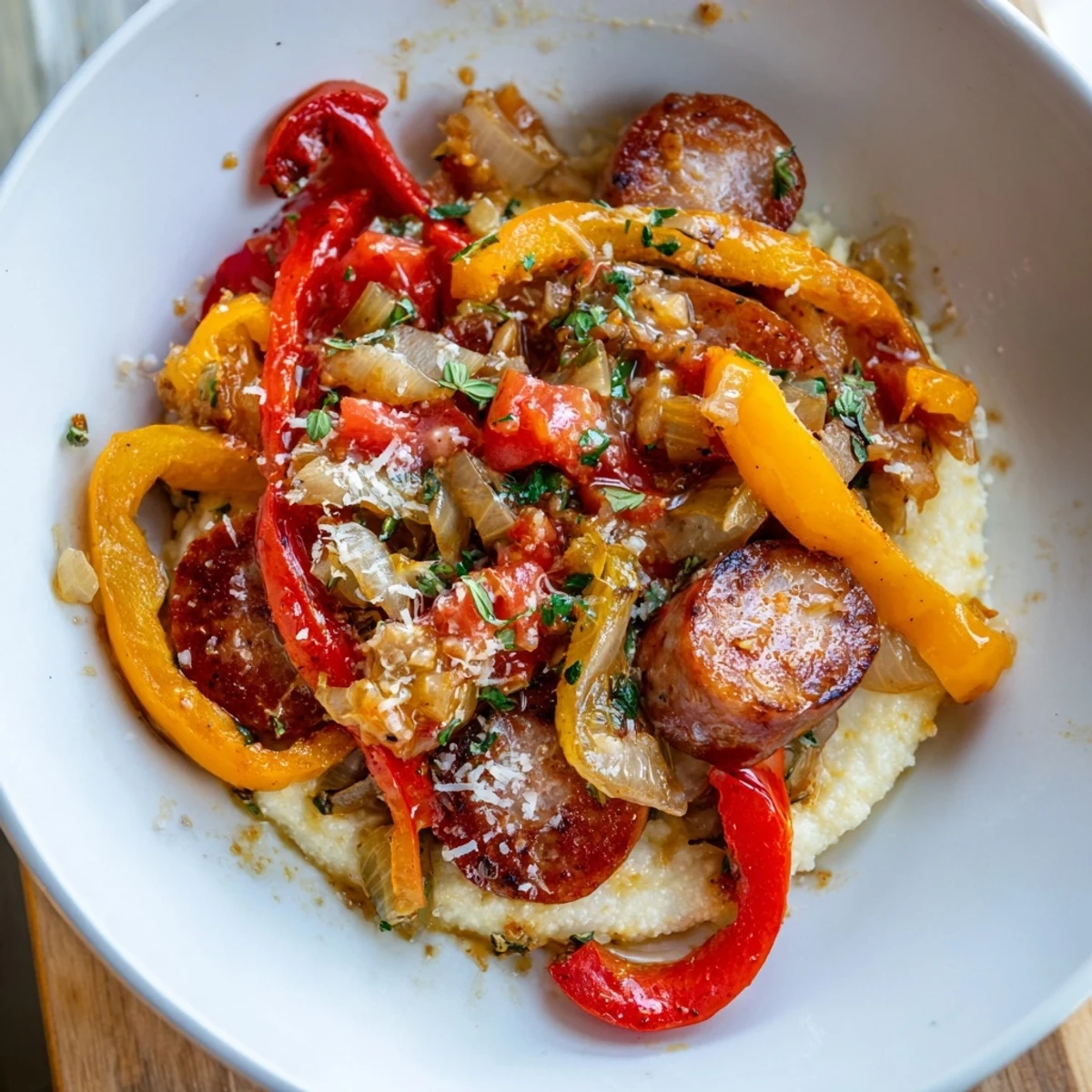 Vibrant photo of Herb-Cozy Skillet Sausage and Peppers with Creamy Polenta, a delicious Italian-inspired dinner to enjoy.