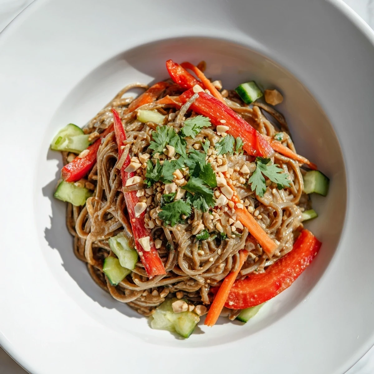 A colorful, refreshing bowl of Spicy Peanut Noodle Salad, ready to eat and enjoy.
