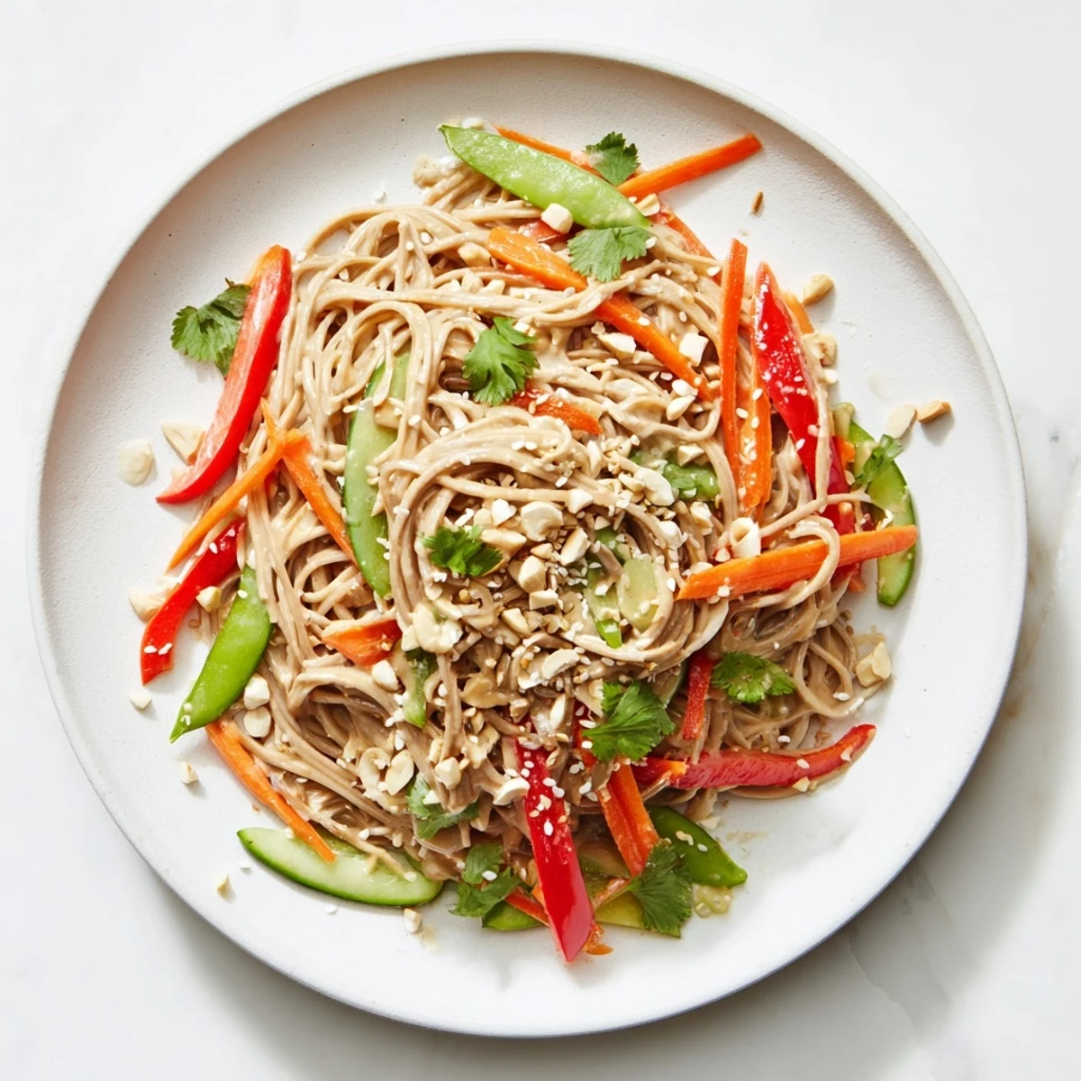 Enjoy the flavorful Spicy Peanut Noodle Salad, filled with fresh vegetables and chopped peanuts.