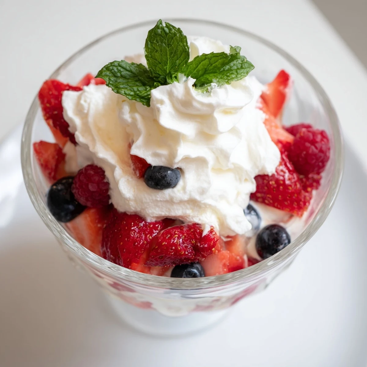 Fresh Berry Parfait layers: bright red strawberries, juicy berries, and creamy whipped topping.