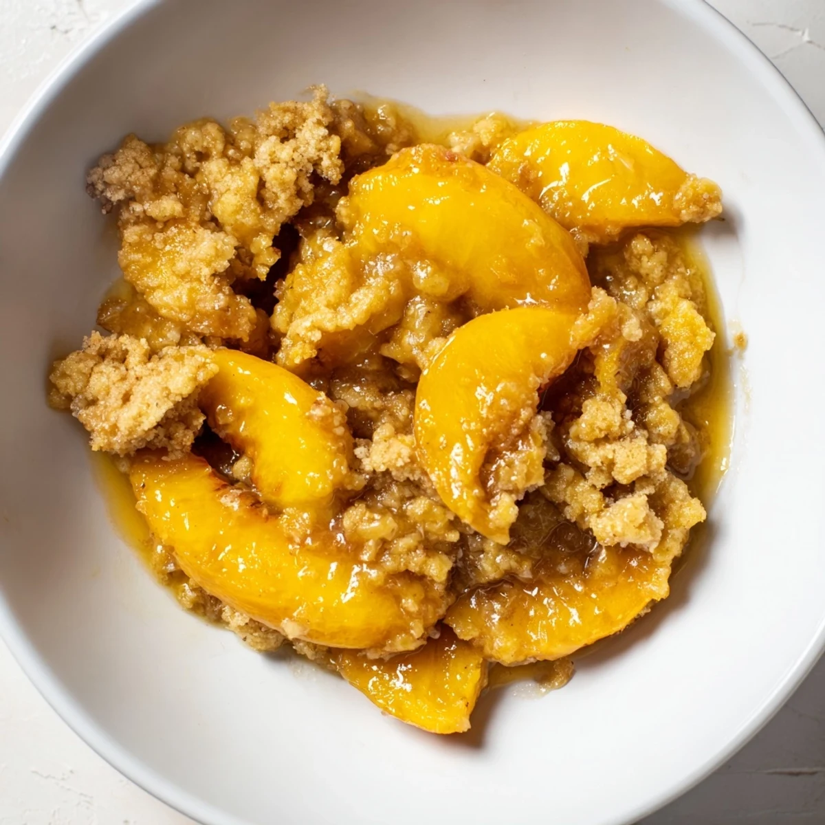 Golden, bubbly Peach and Ginger Crumble, a warm dessert with a sweet and inviting aroma.