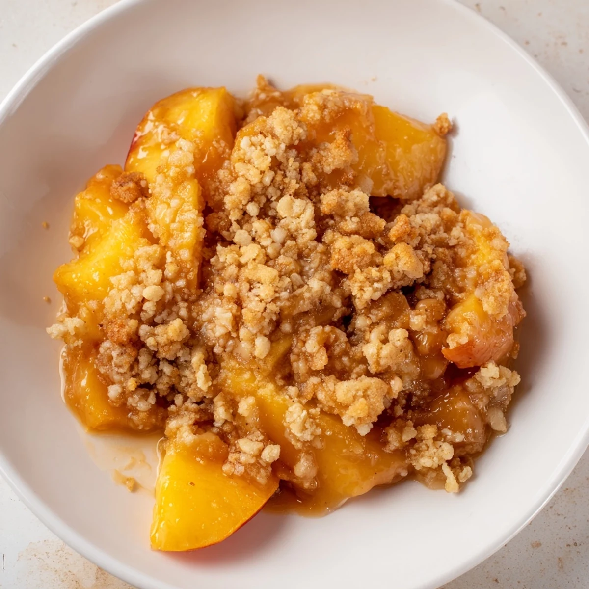 Close-up of a rustic Peach and Ginger Crumble, promising a comforting taste and perfect summer dessert.
