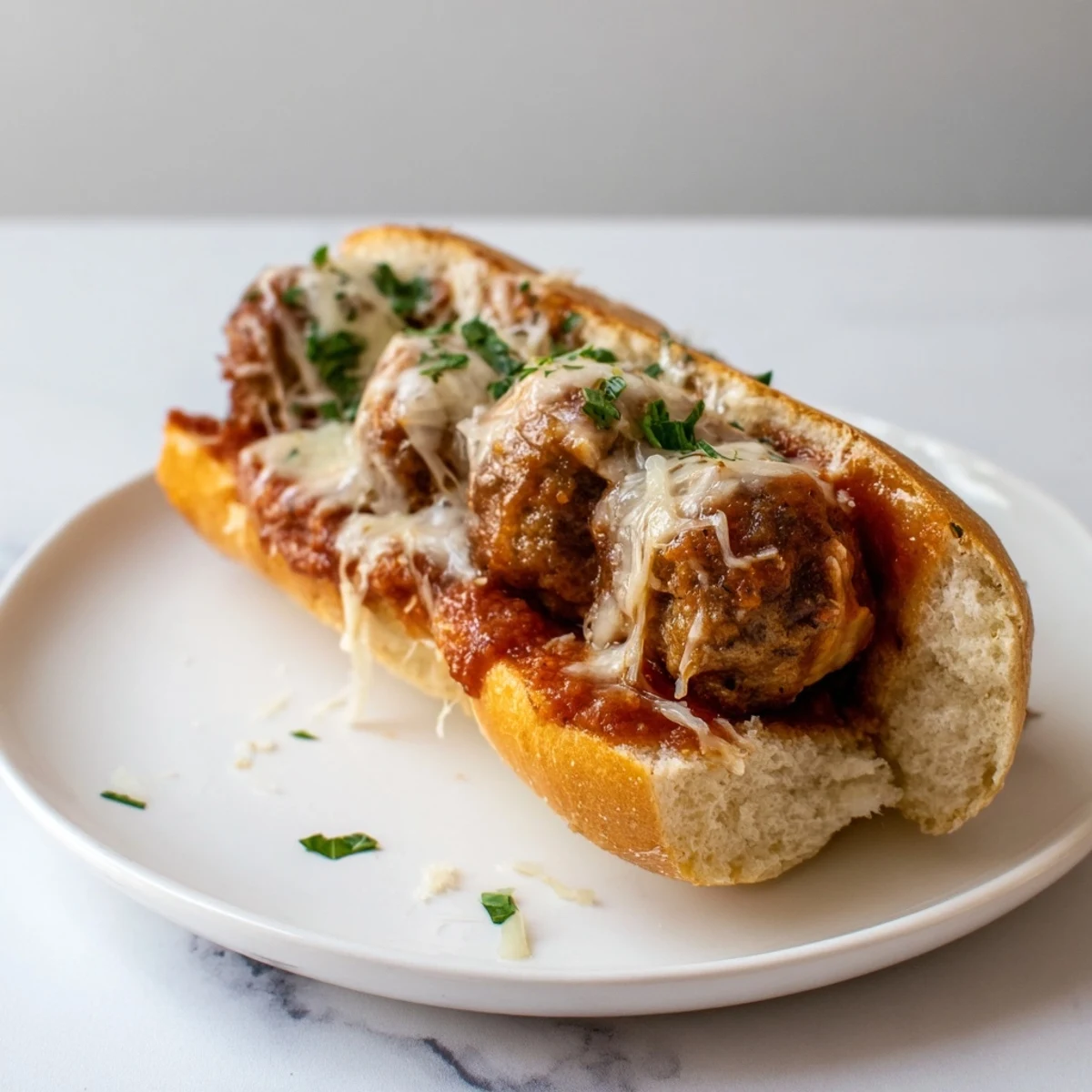 Juicy Meatball Marinara Sub sandwiches, overflowing with bubbling cheese and rich tomato sauce, served warm.