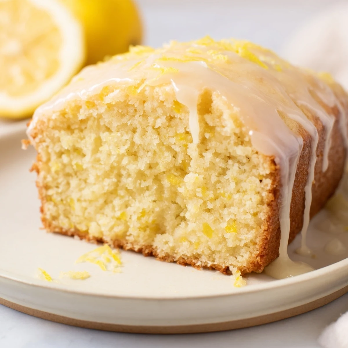 A freshly baked Lemon Loaf Cake with glistening lemon icing, perfect for dessert or a snack.