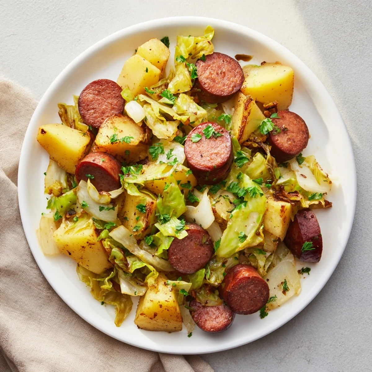 Flint-Style Skillet: A smoky kielbasa and cabbage hash, steaming hot and ready to enjoy!