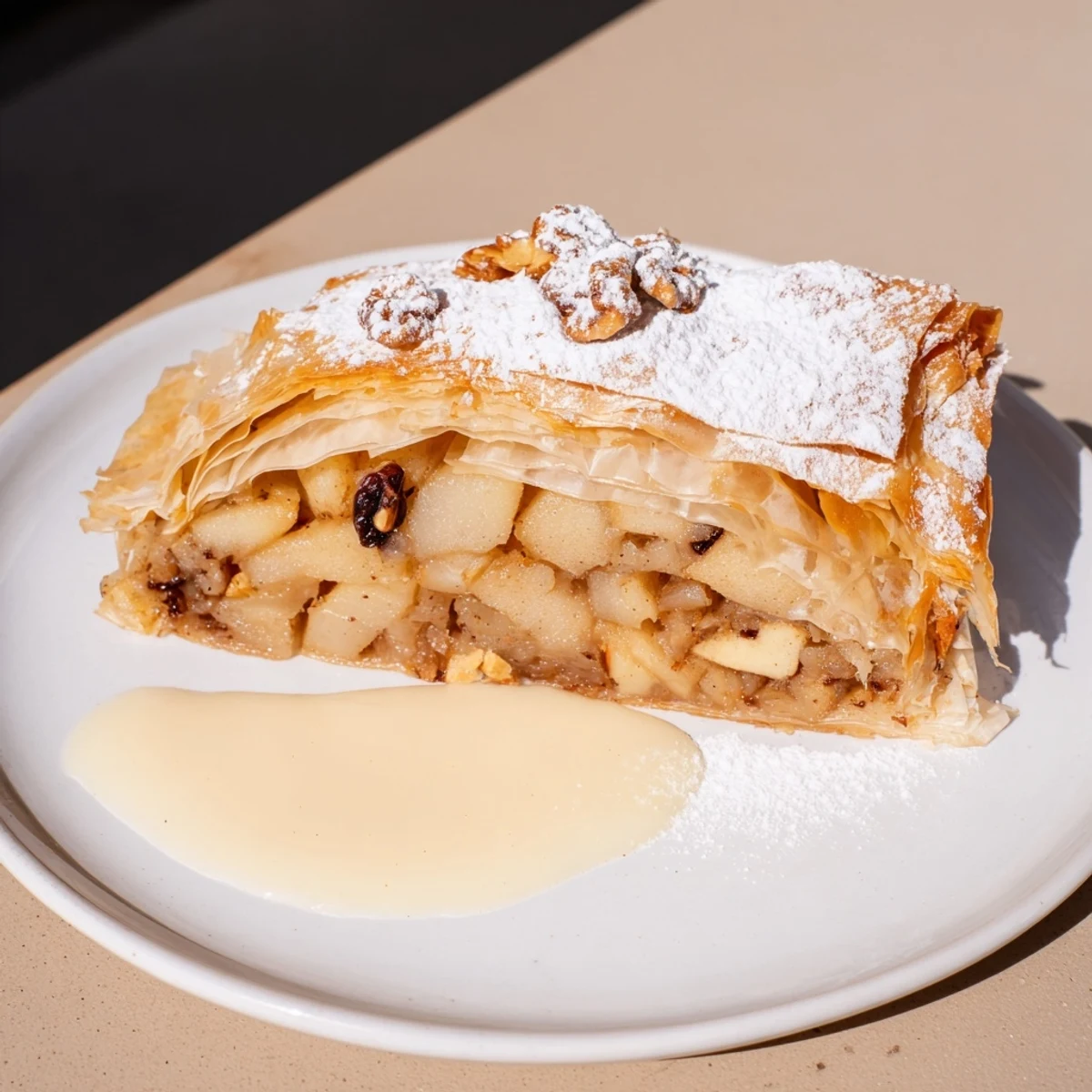 Golden-brown apple strudel, flaky and delicious, served warm with rich vanilla sauce for dessert.