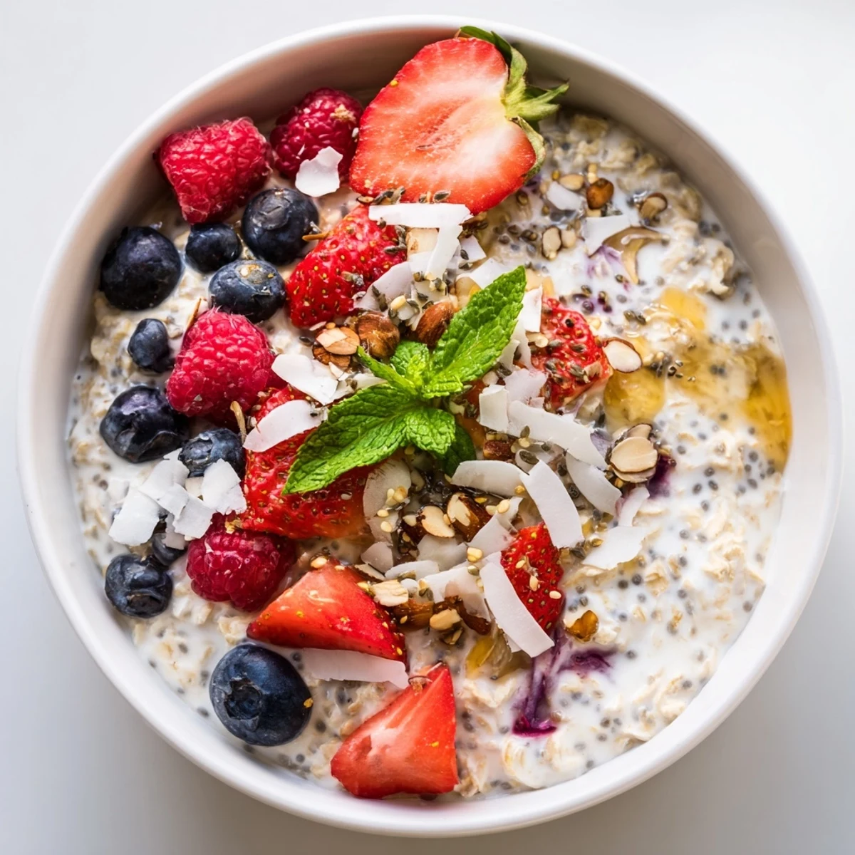 Creamy overnight oats with berries and honey, visually appealing breakfast with colorful fruit toppings.