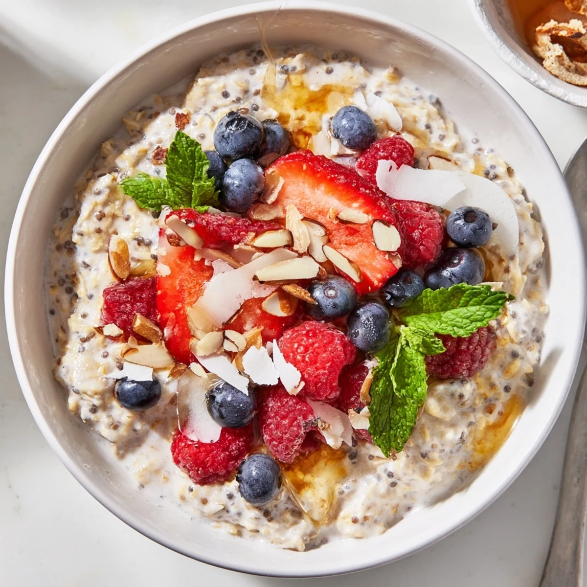 Imagine a vibrant bowl of overnight oats with berries and honey, garnished and appealingly presented for a delicious breakfast.