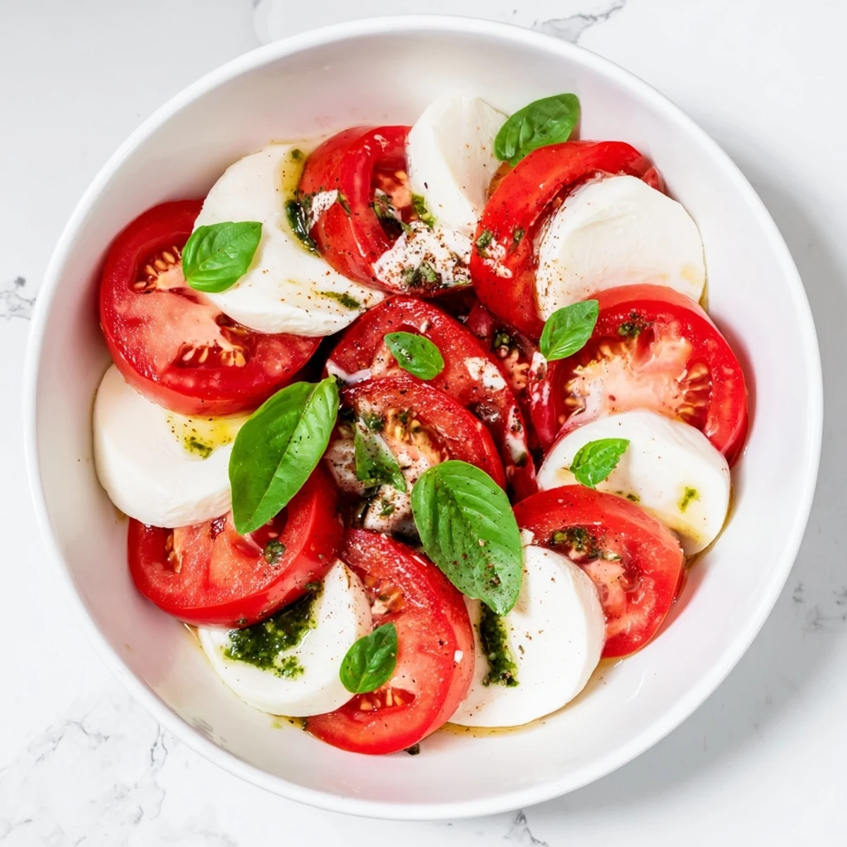 Vibrant Caprese salad with juicy tomatoes, mozzarella, and a bright basil vinaigrette, ready to serve.