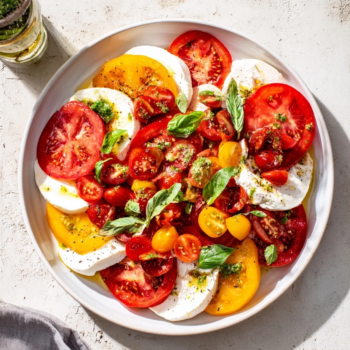 A photo shows a Caprese salad, featuring sliced tomatoes, creamy mozzarella, and a drizzle of flavorful vinaigrette.