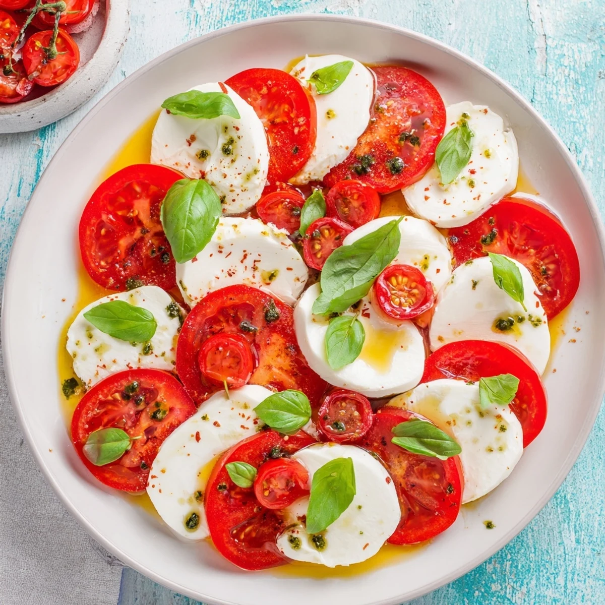 Enjoy an Italian Caprese salad, with fresh basil on top, perfect for a light vegetarian lunch.
