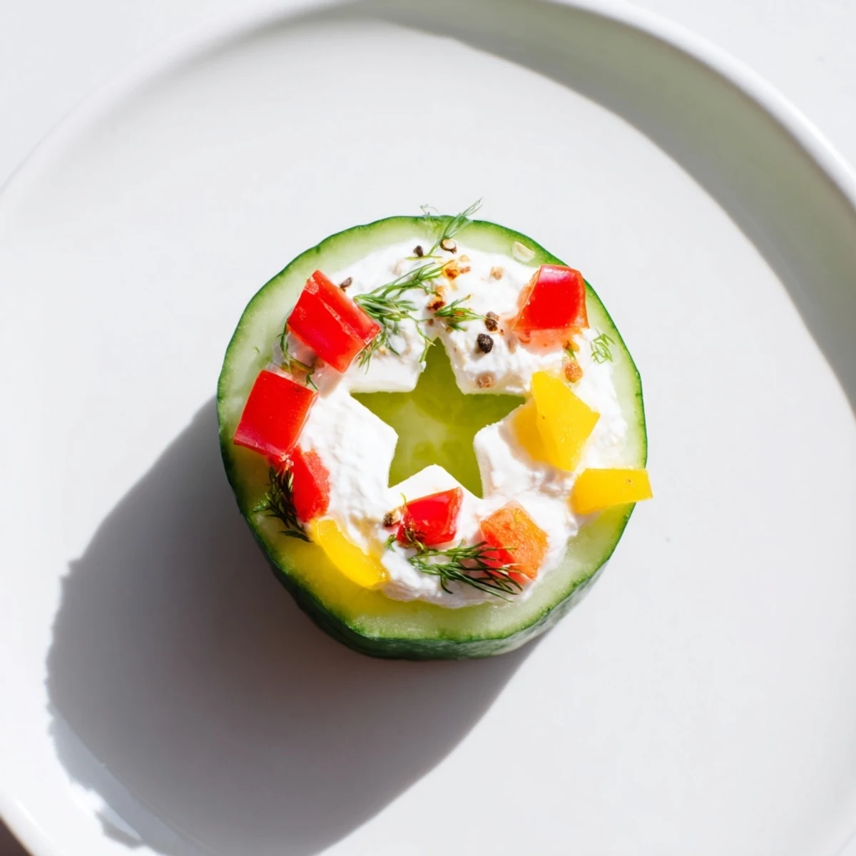 Holiday Star Cucumber Bites, garnished with vibrant peppers and dill, a delicious appetizer.