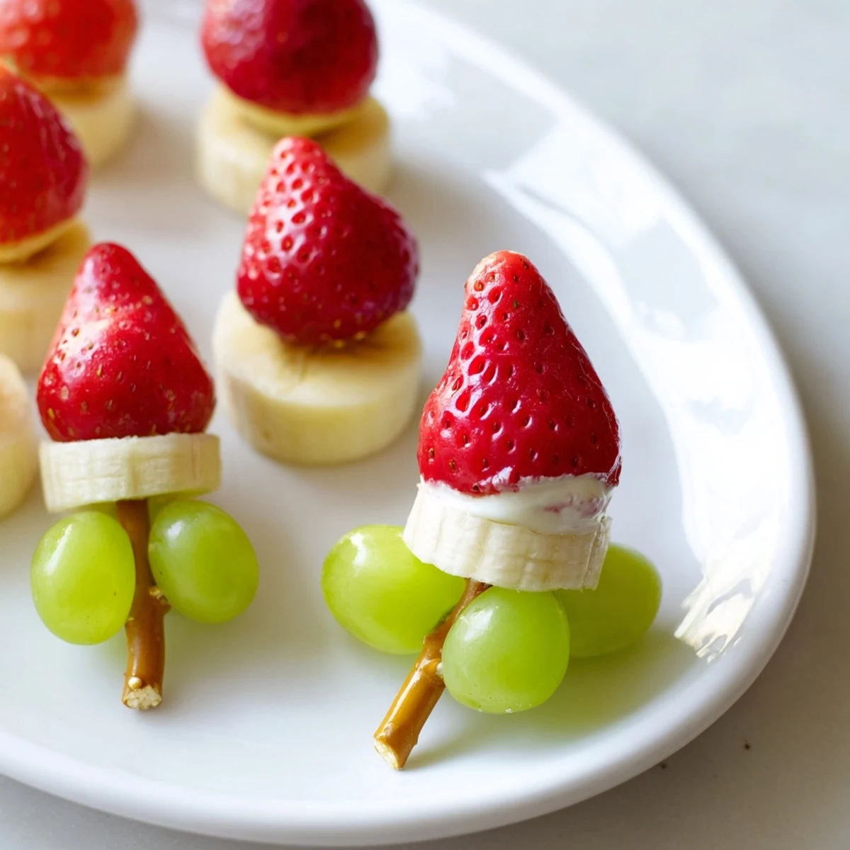 Festive Elf Hat Strawberry Skewers showcase vibrant red strawberries, banana hats, and green pom-poms.