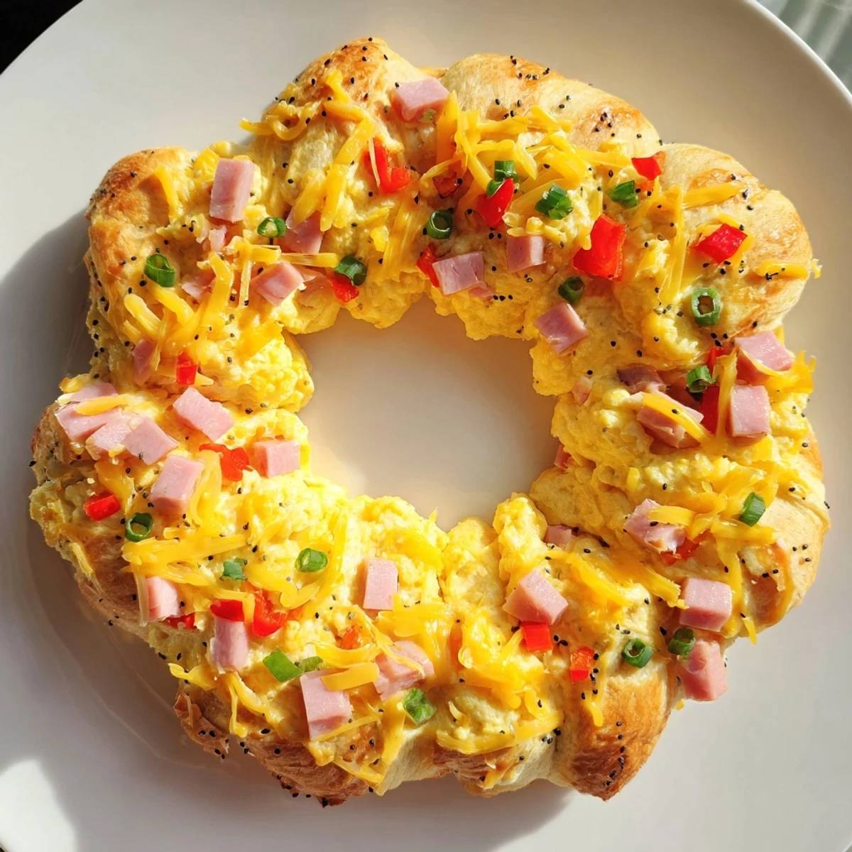 Golden-brown wreath-shaped egg and ham bake, filled with cheesy goodness and ready to serve.