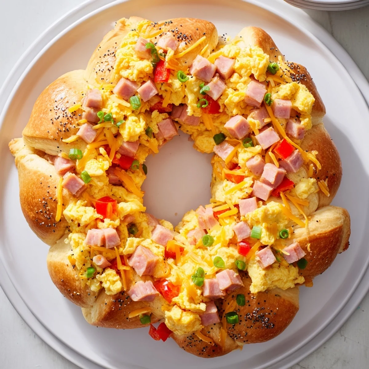 Savory breakfast delight: a freshly baked egg and ham bake wreath, perfect for sharing brunch.