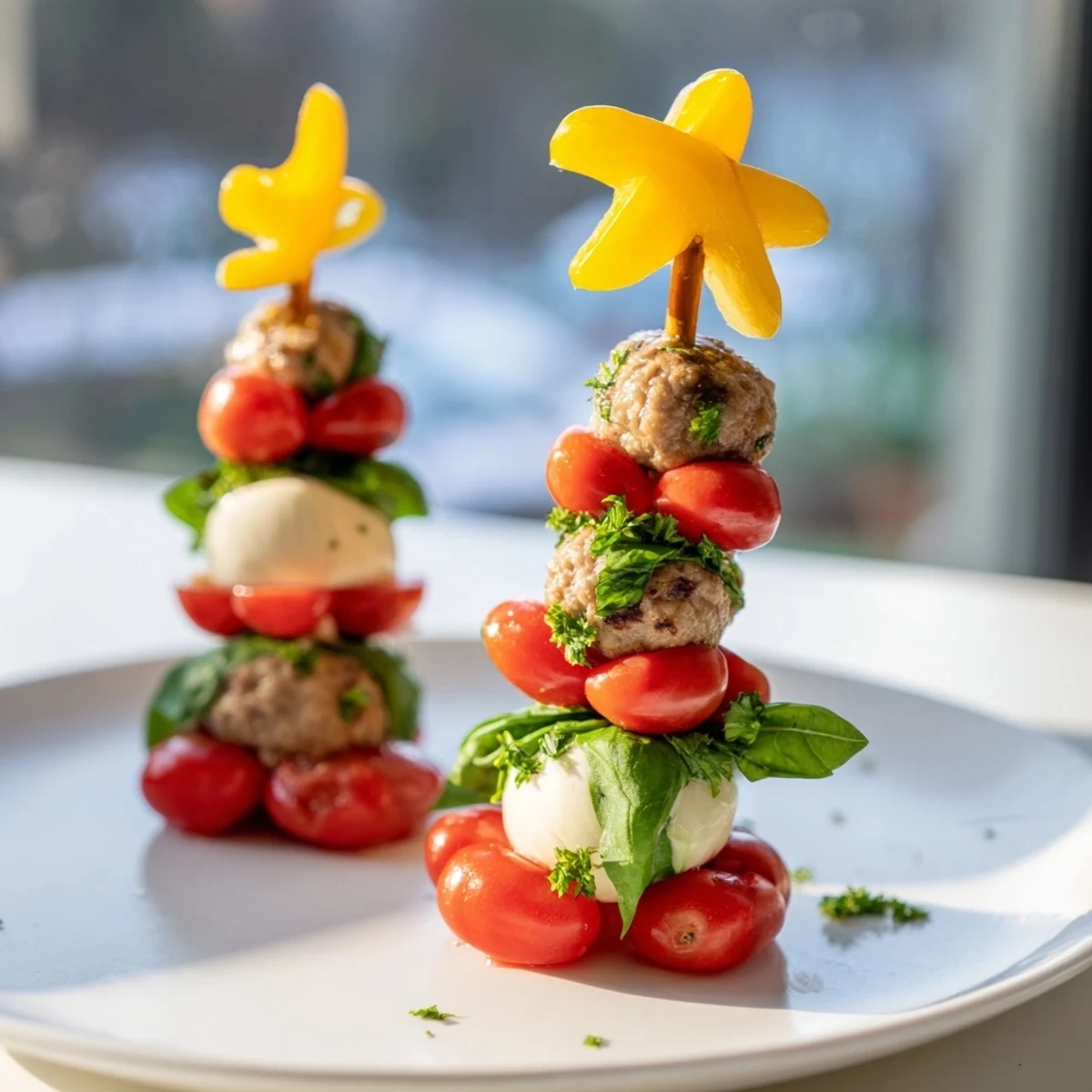 Savory Bites mini meatball Christmas trees, golden-brown and stacked with mozzarella, basil, and a yellow pepper star.