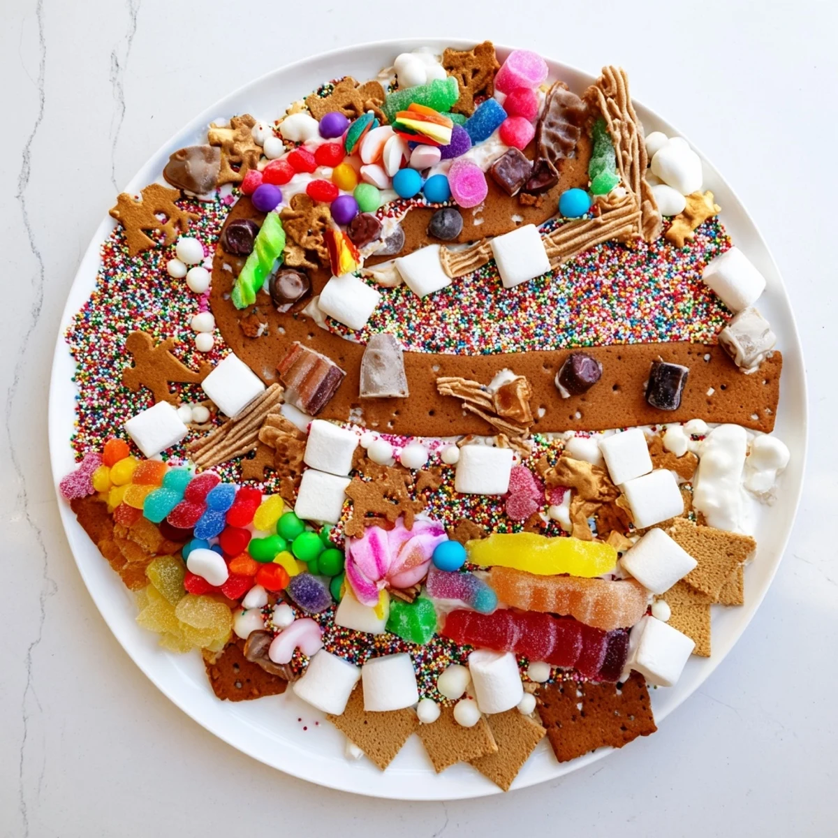 A Candy Land Gingerbread Path Dessert Board brimming with colorful candies and inviting treats.