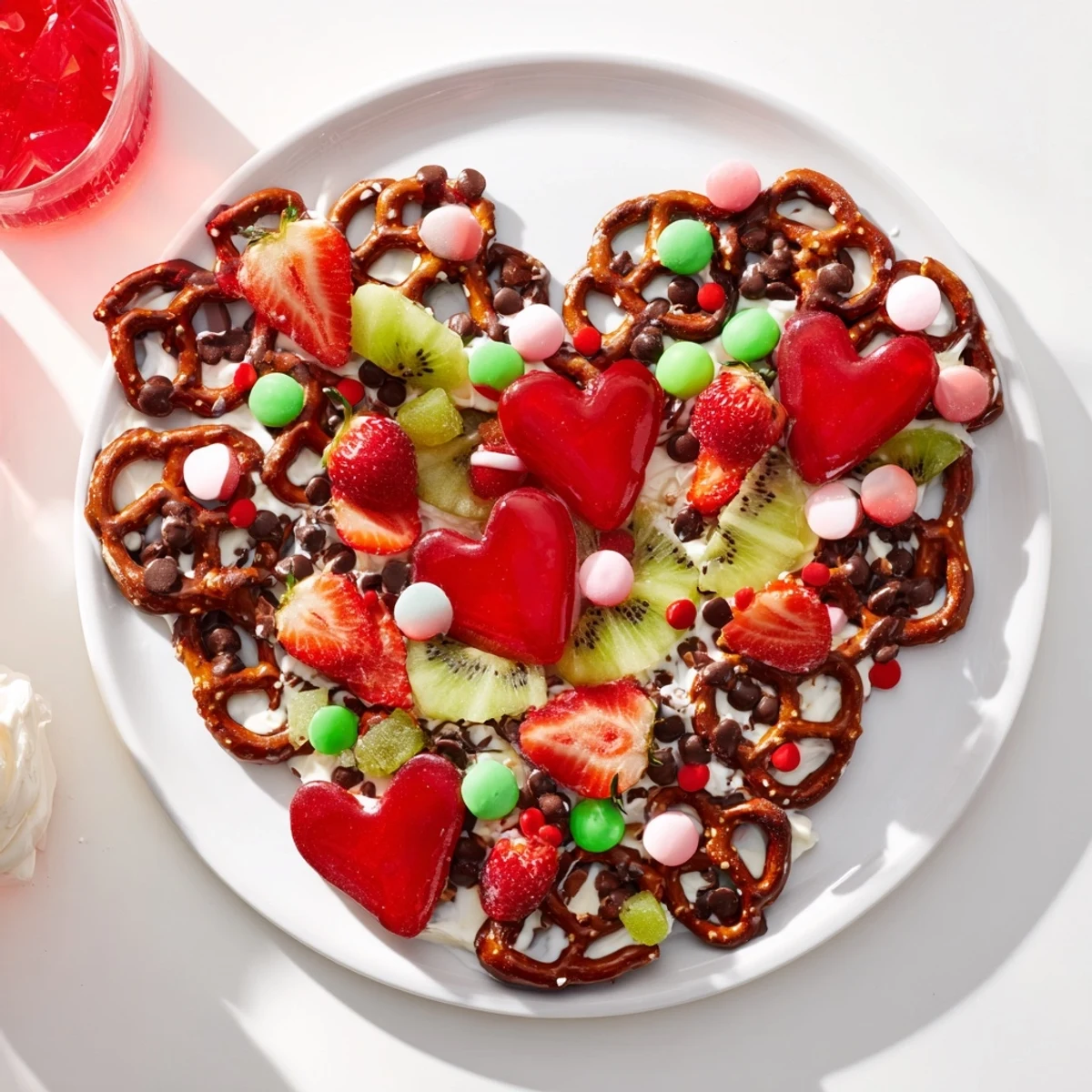 Festive The Grinch's Heart Pretzel Board with colorful fruits, candies, and pretzels for holiday fun.