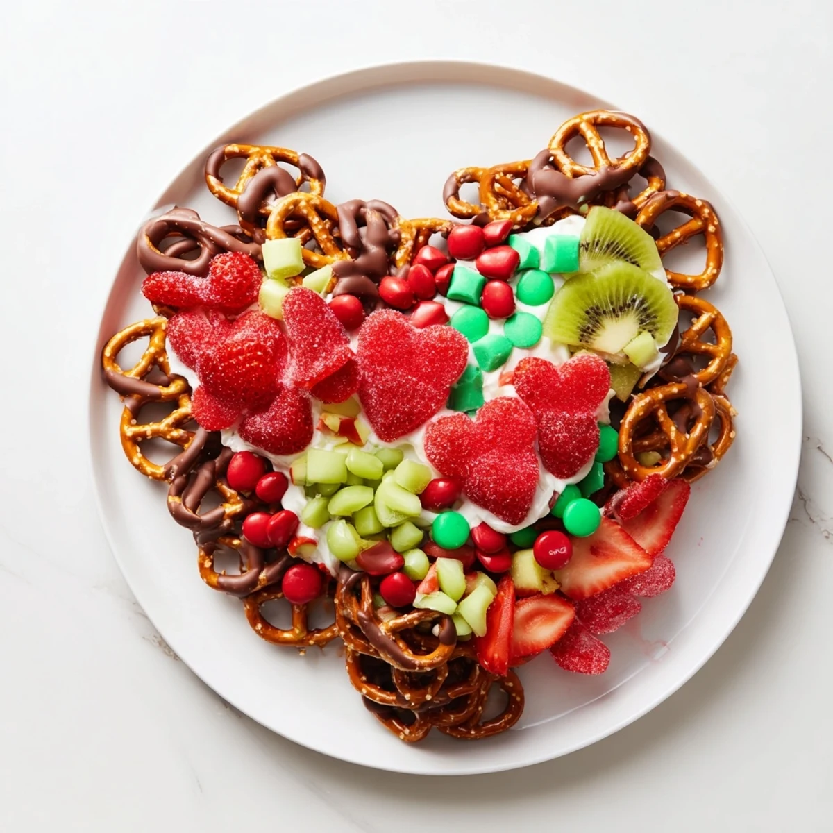 Sweet and salty The Grinch's Heart Pretzel Board with red gummy hearts ready for snack time.