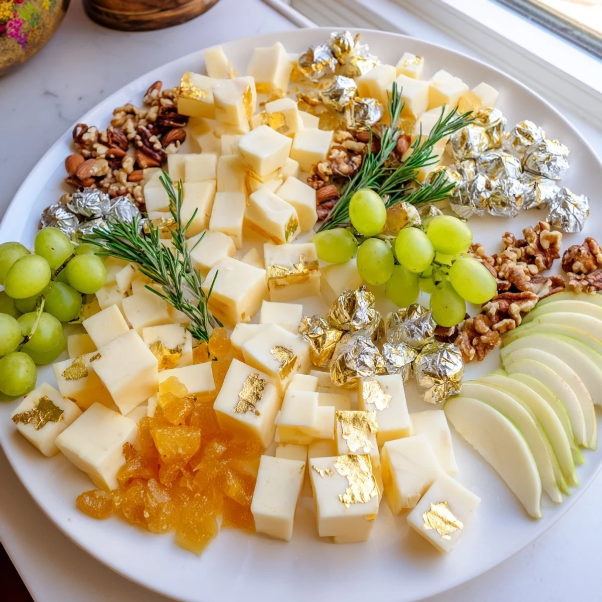 Vibrant gold and silver cheese cubes arranged on a board, perfect for a New Year's appetizer.