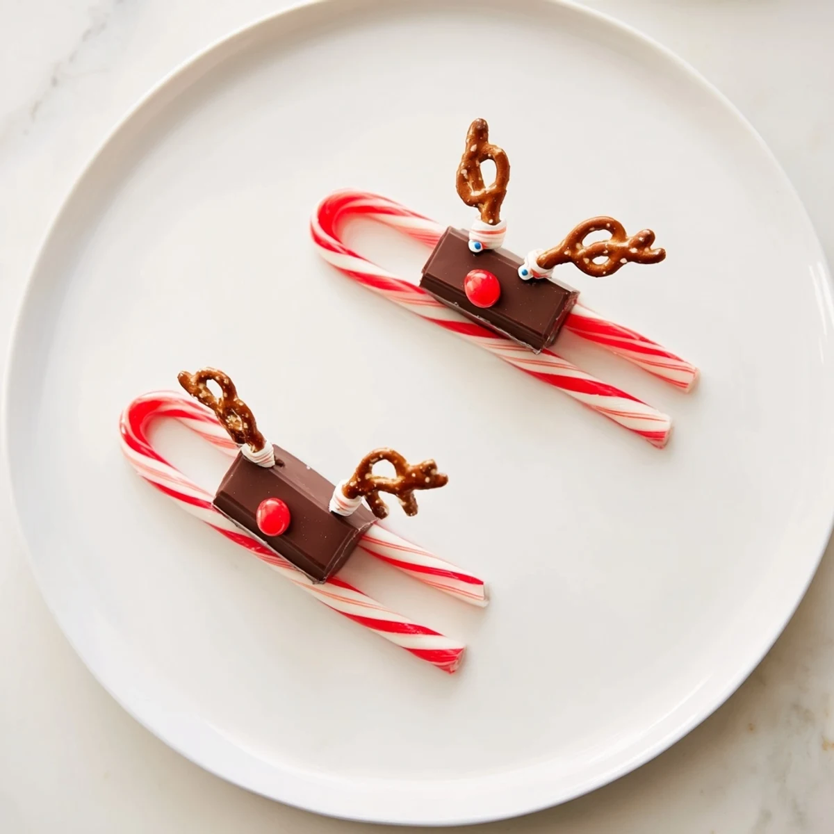 Chocolatey mini bars form the base of these fun Rudolph Candy Cane Sleds, a sweet holiday treat.