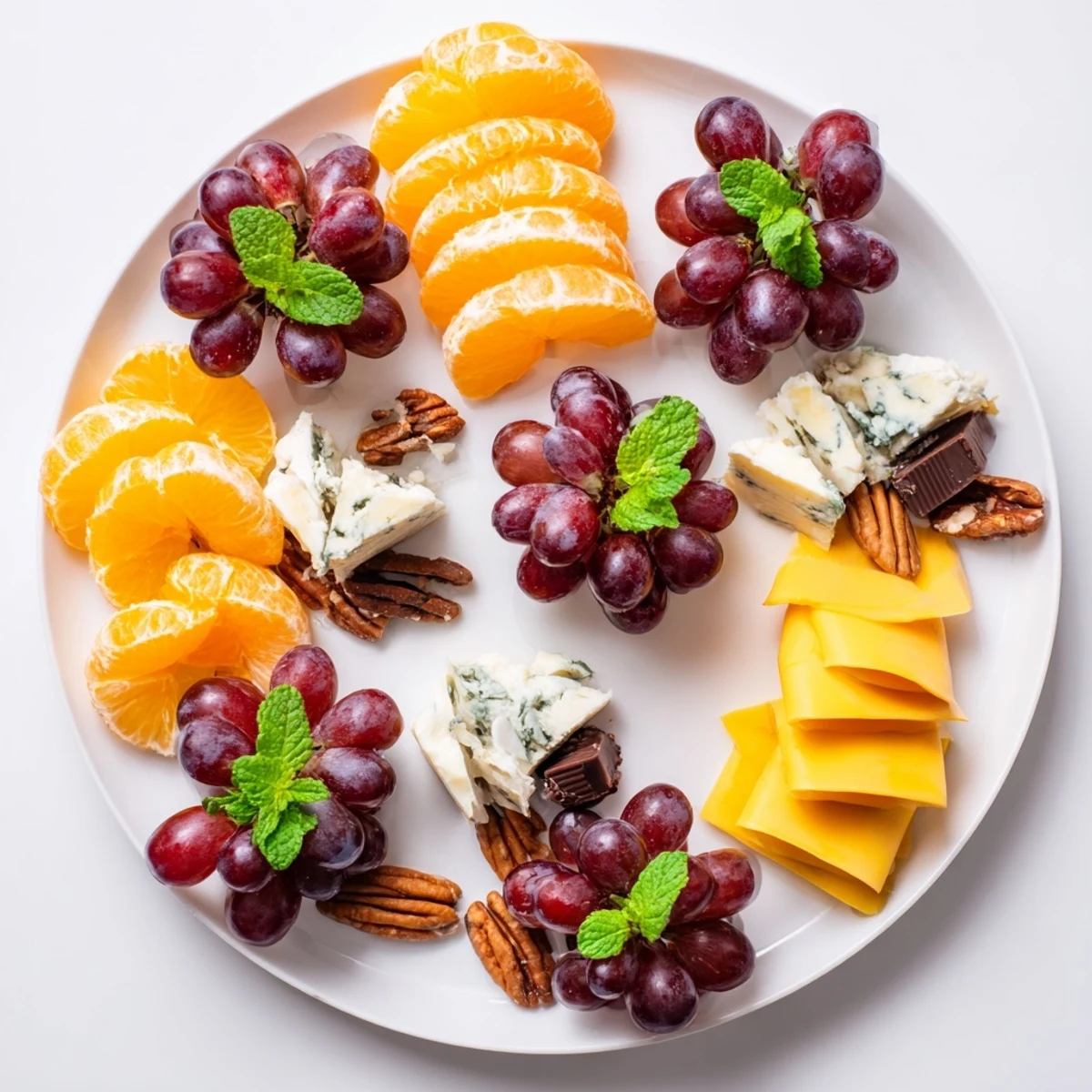 Vibrant Grapes of Fortune dessert board with assorted cheeses, chocolates, and fresh grapes for luck.