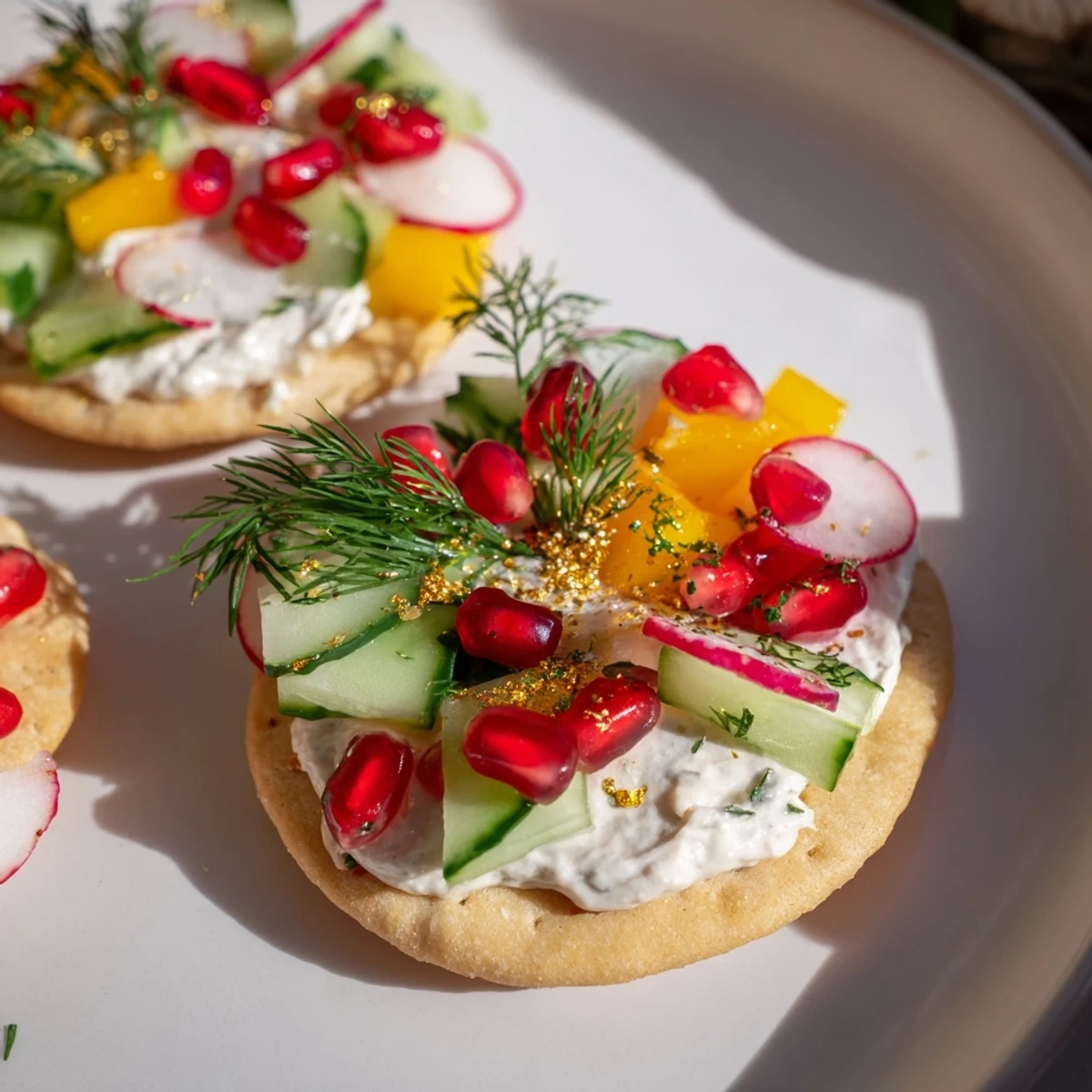 Vibrant arrangement of flavorful ornament-shaped cracker toppings with pomegranate seeds and fresh chives, ready to serve.