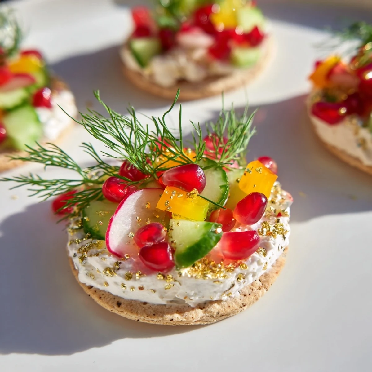 Festive ornament-shaped cracker toppings arranged with colorful bell peppers, dill, and creamy cheese, perfect appetizer.