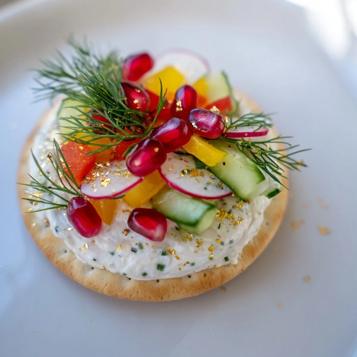 Delicious holiday appetizer: beautifully decorated ornament shaped cracker toppings with diverse veggie toppings and cream cheese.