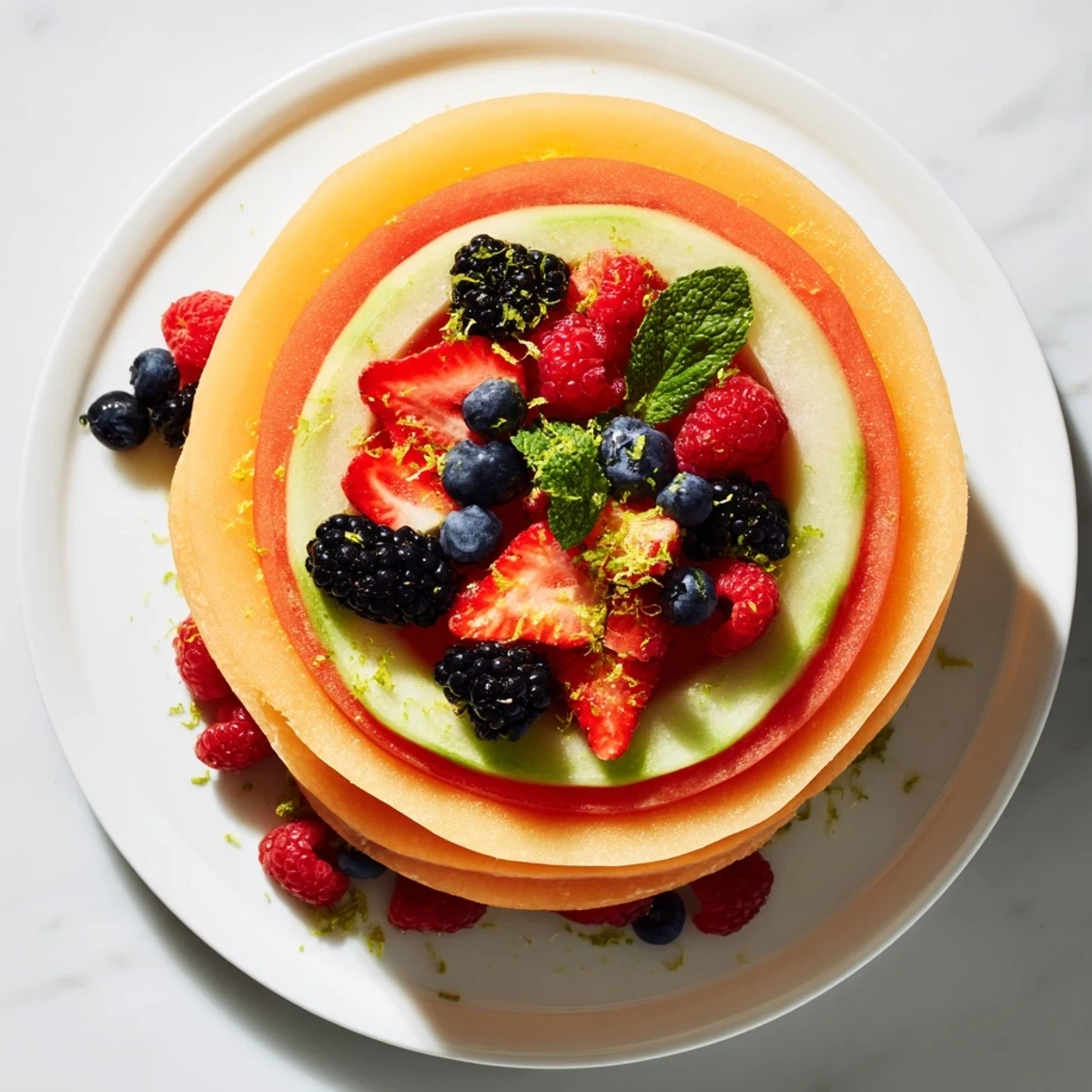 Vibrant Fruit Platter showcases colorful layers of cantaloupe, berries, and melon rounds ready to refresh.