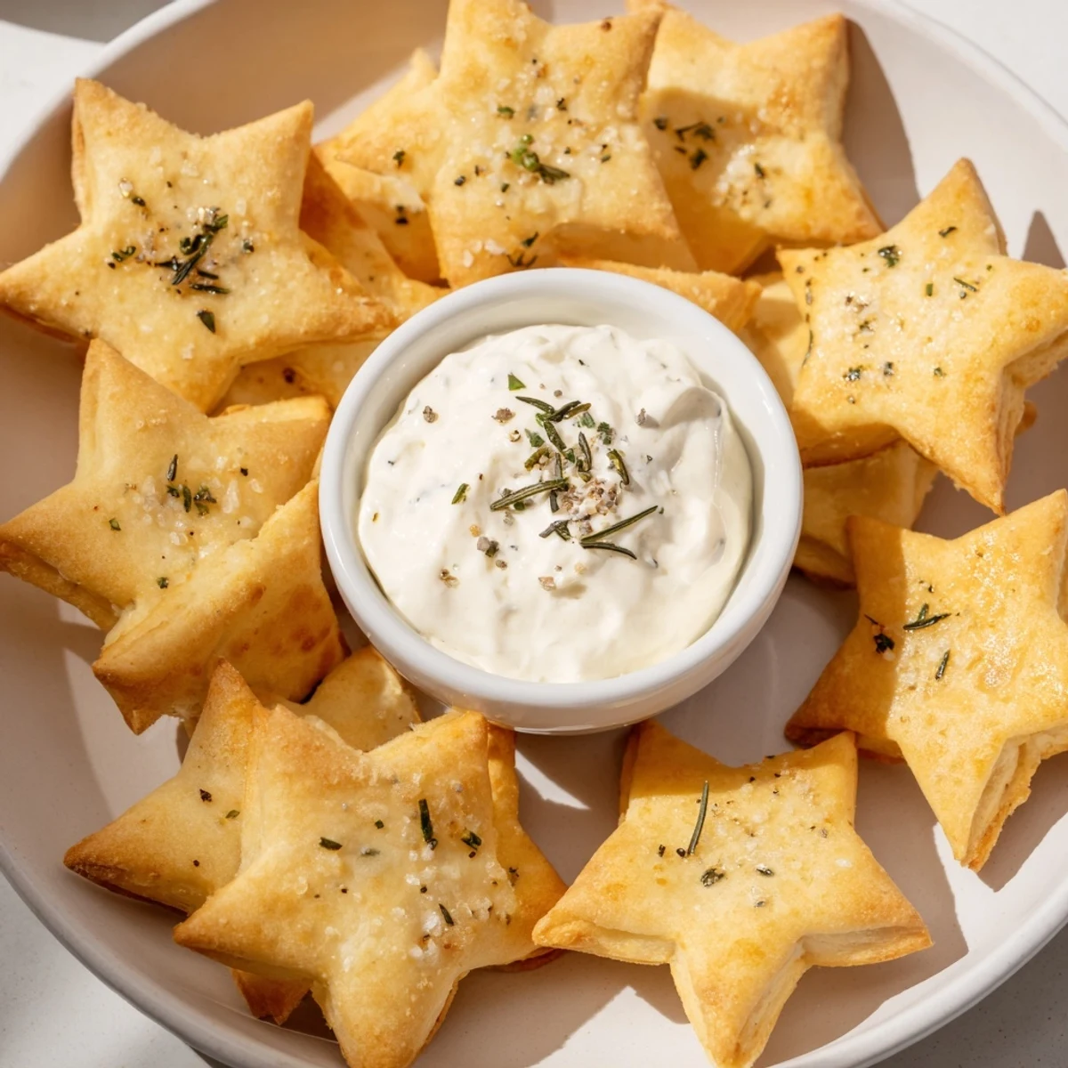 Golden, star-shaped Holiday Crackers arranged around a creamy, herb-flecked dip for dipping.