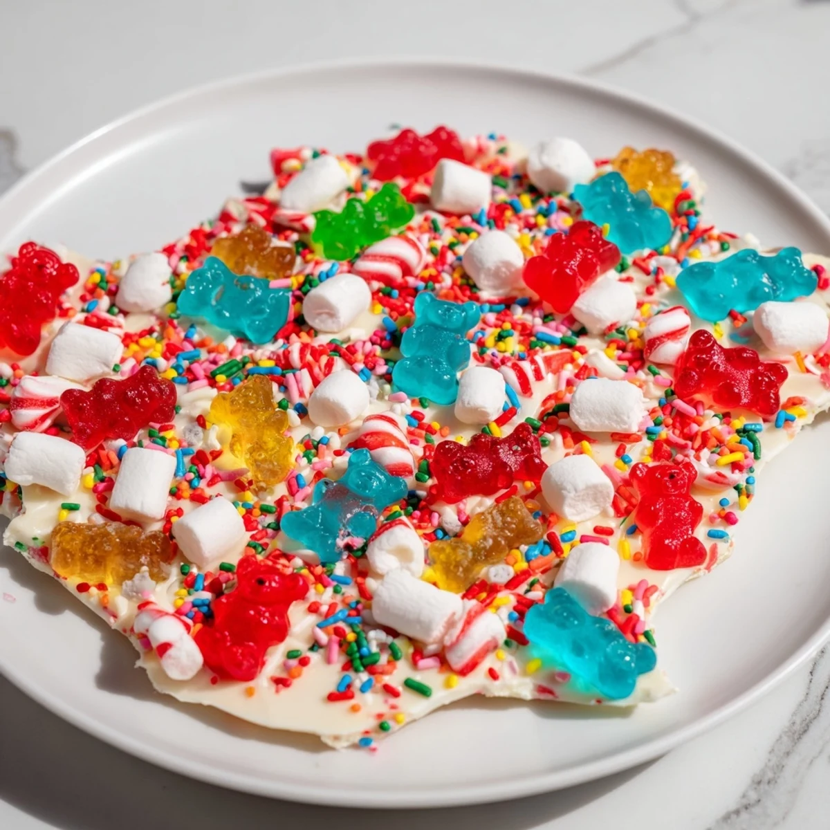 Delicious close-up showcasing glistening gummy bears, marshmallows, and candy canes atop white chocolate squares.