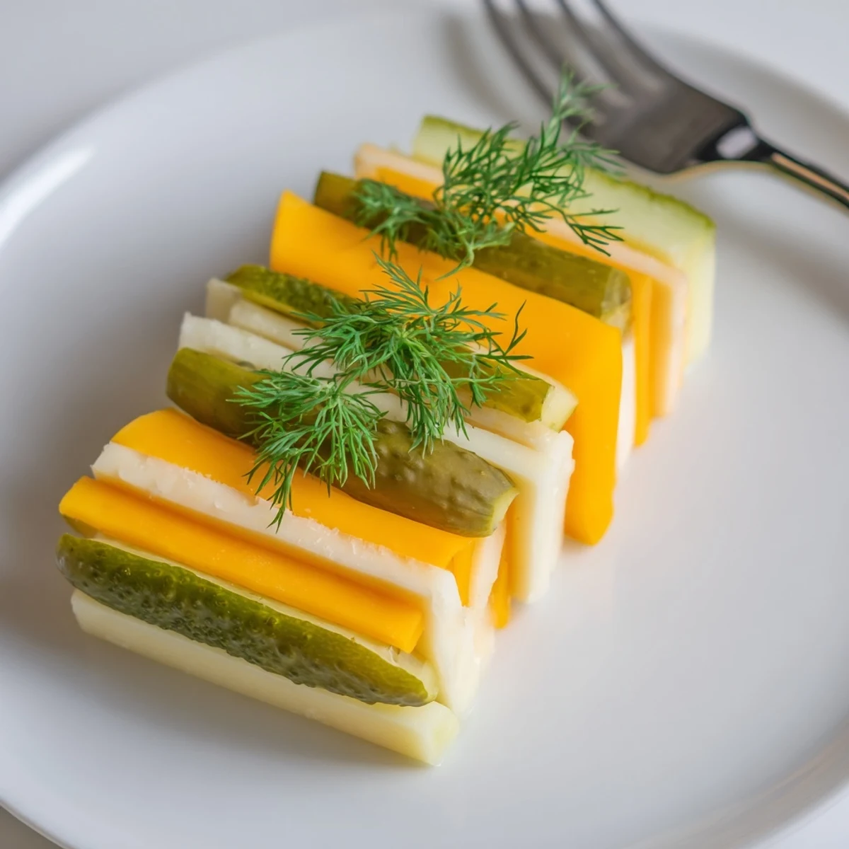 Dill pickles and cheese appetizer arranged attractively on a platter, ready for snacking, with a creamy bite.