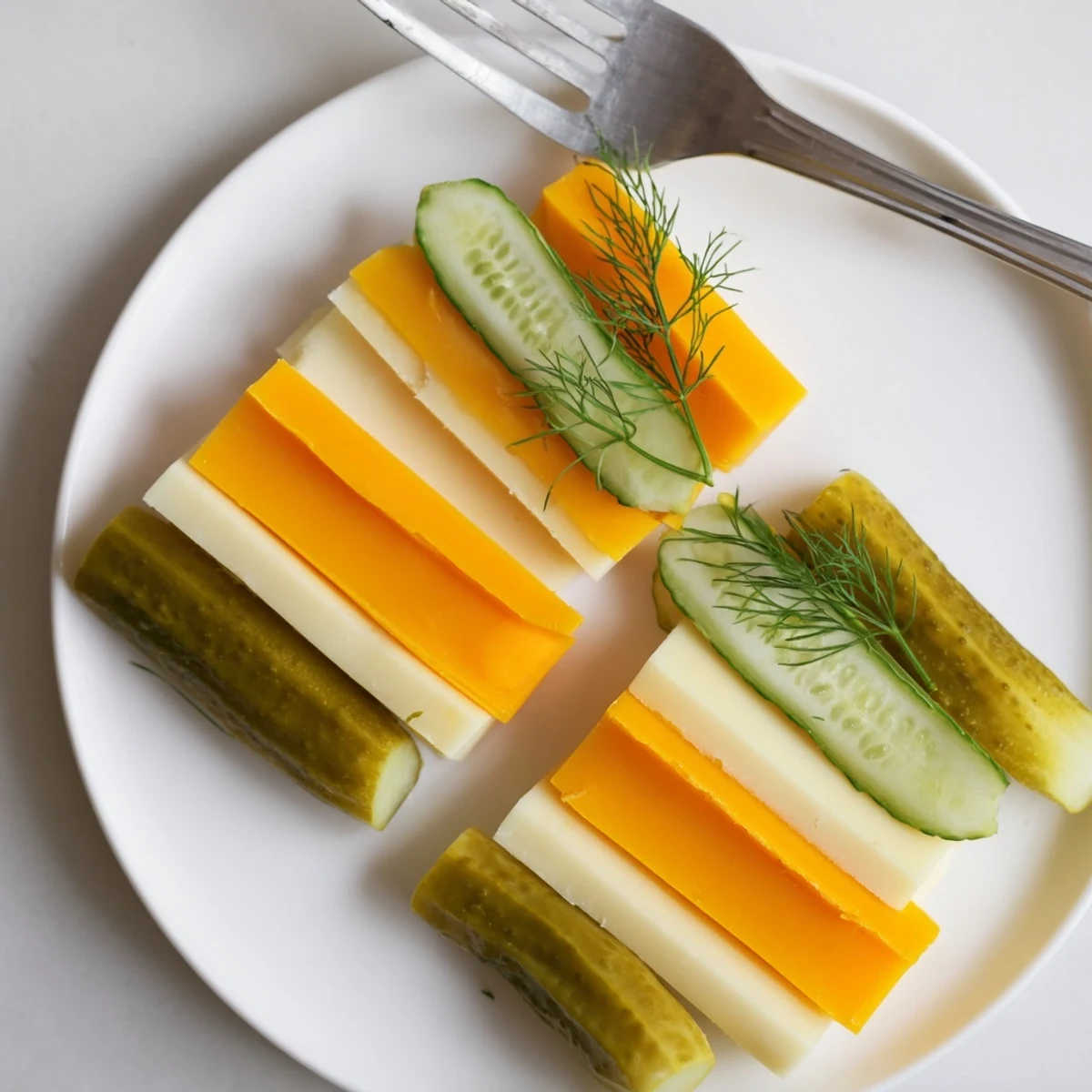 A delightful view of the easy dill pickles and sliced cheese appetizer, featuring a variety of cheeses and crisp pickles.