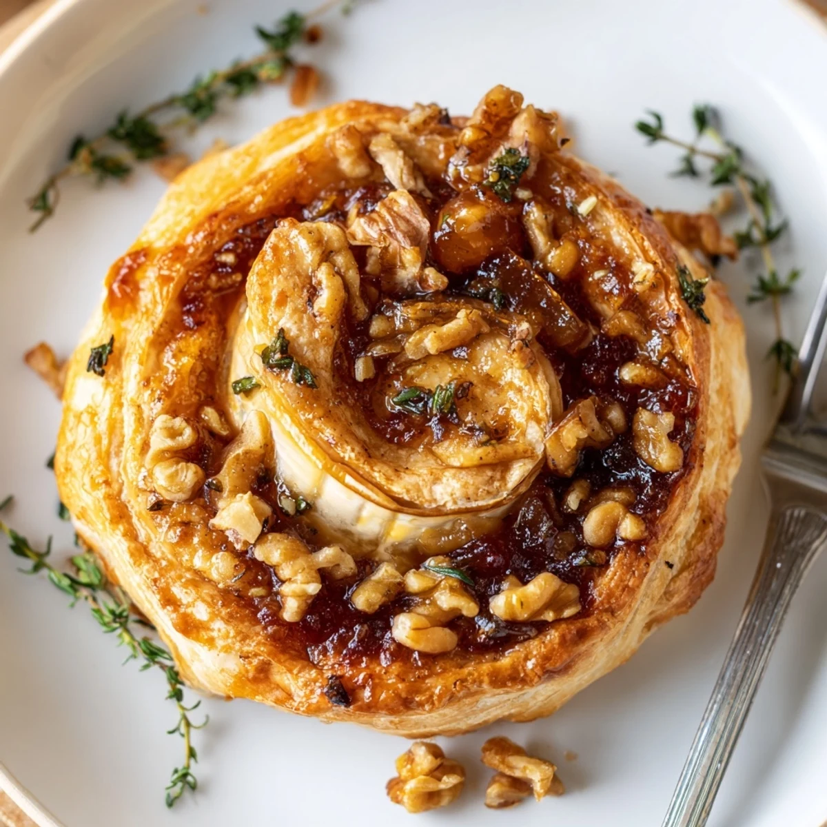 Close-up of a perfectly baked Brie, showcasing a sweet fig jam center and crust.